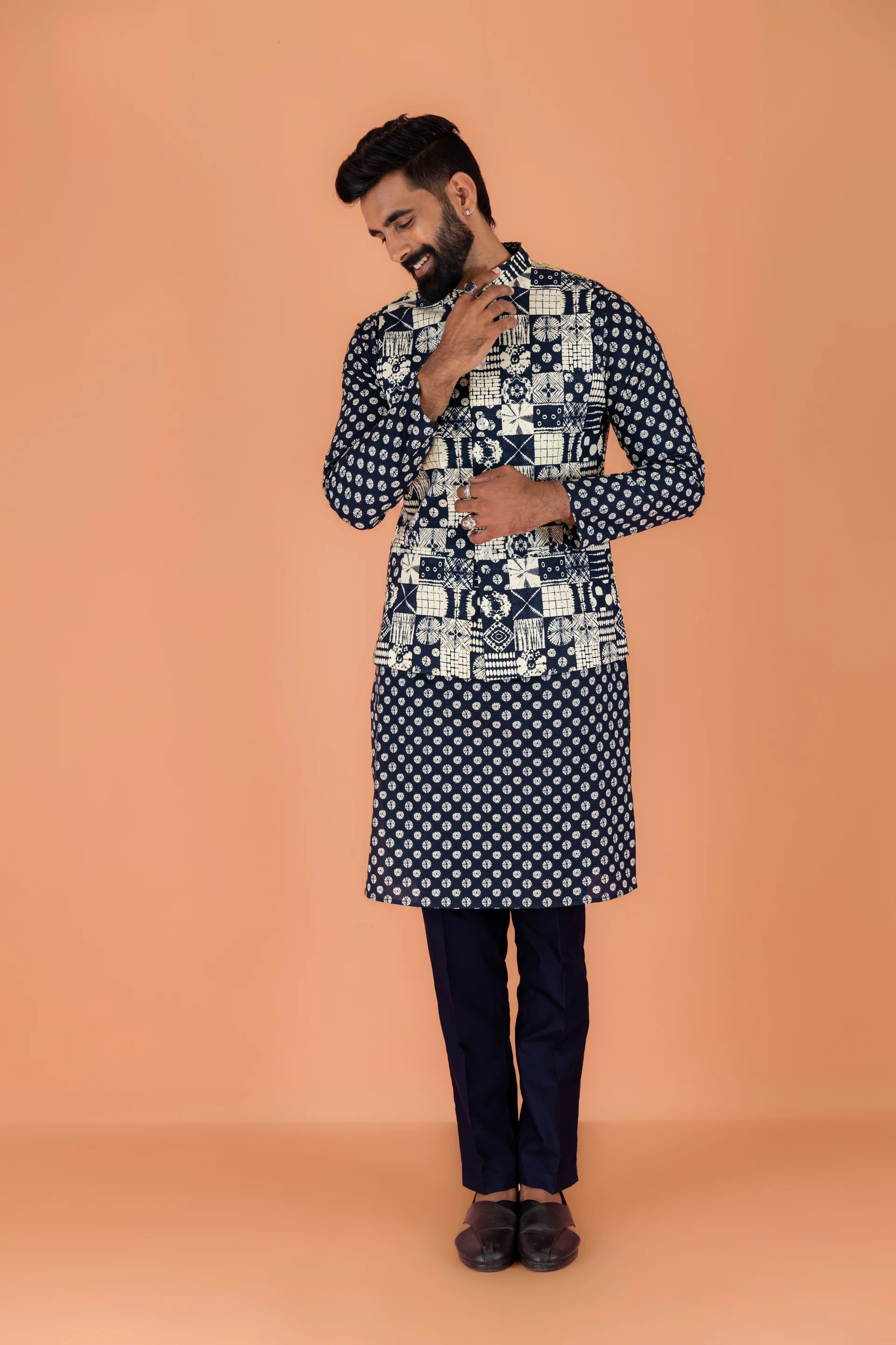 Men Navy Blue Printed Nehru Jacket - Image 5
