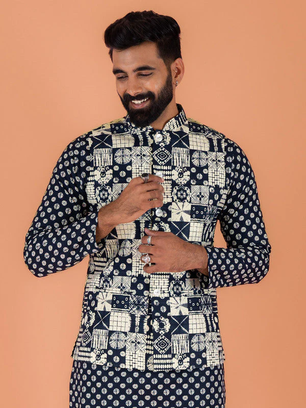 Men Navy Blue Printed Nehru Jacket - Image 9