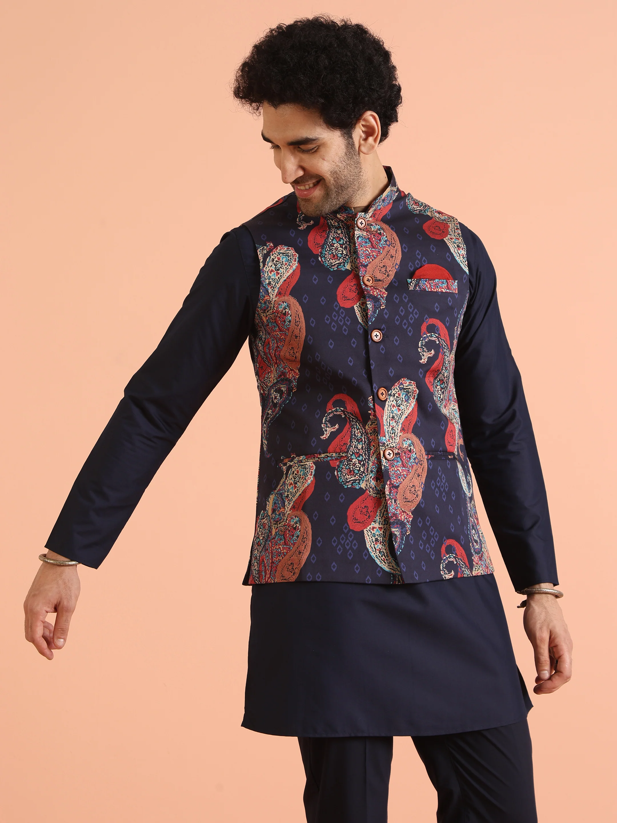 Navy Blue Paisley Printed Nehru Jacket Kurta Set - Image 8