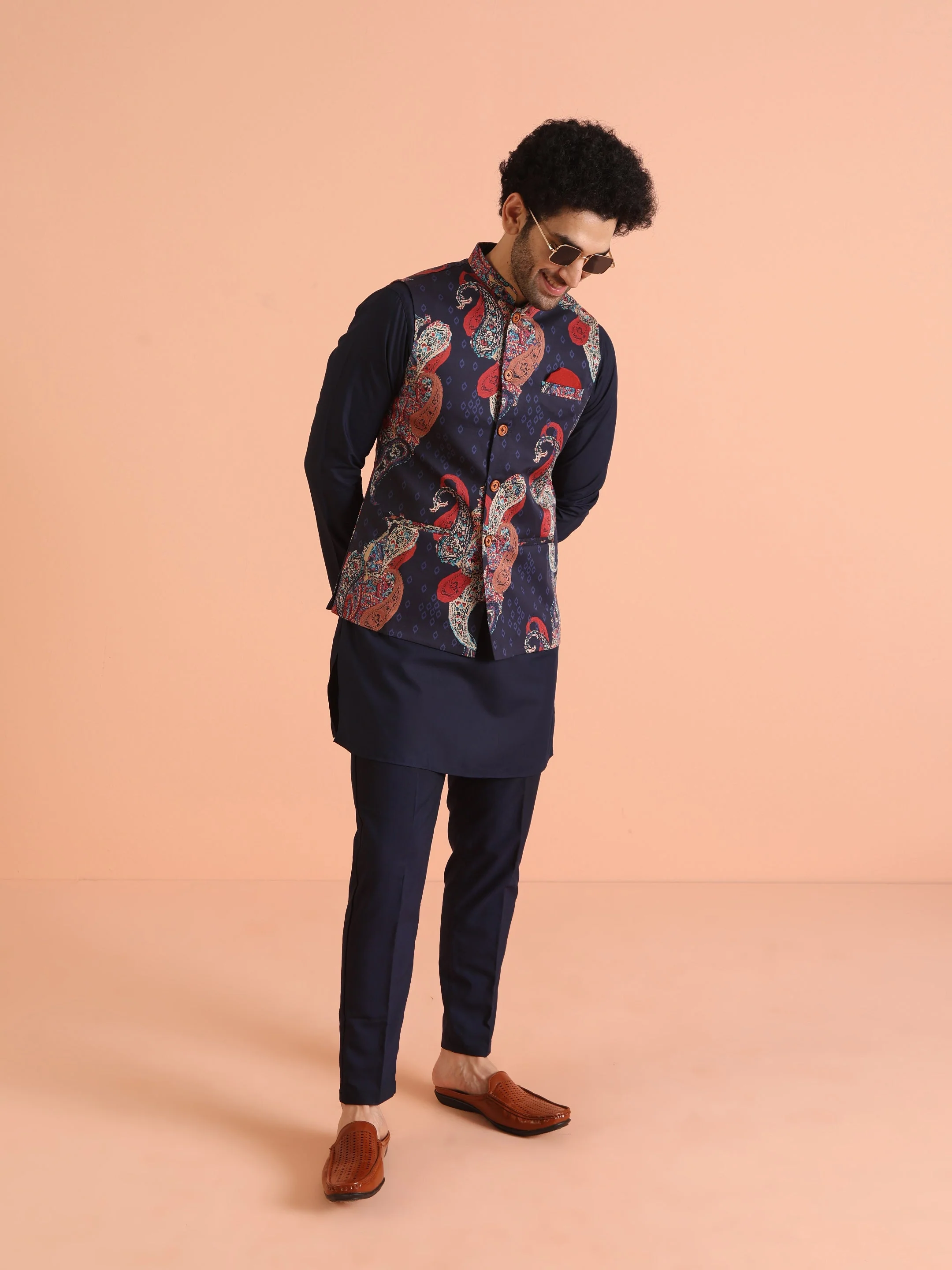 Navy Blue Paisley Printed Nehru Jacket Kurta Set - Image 9