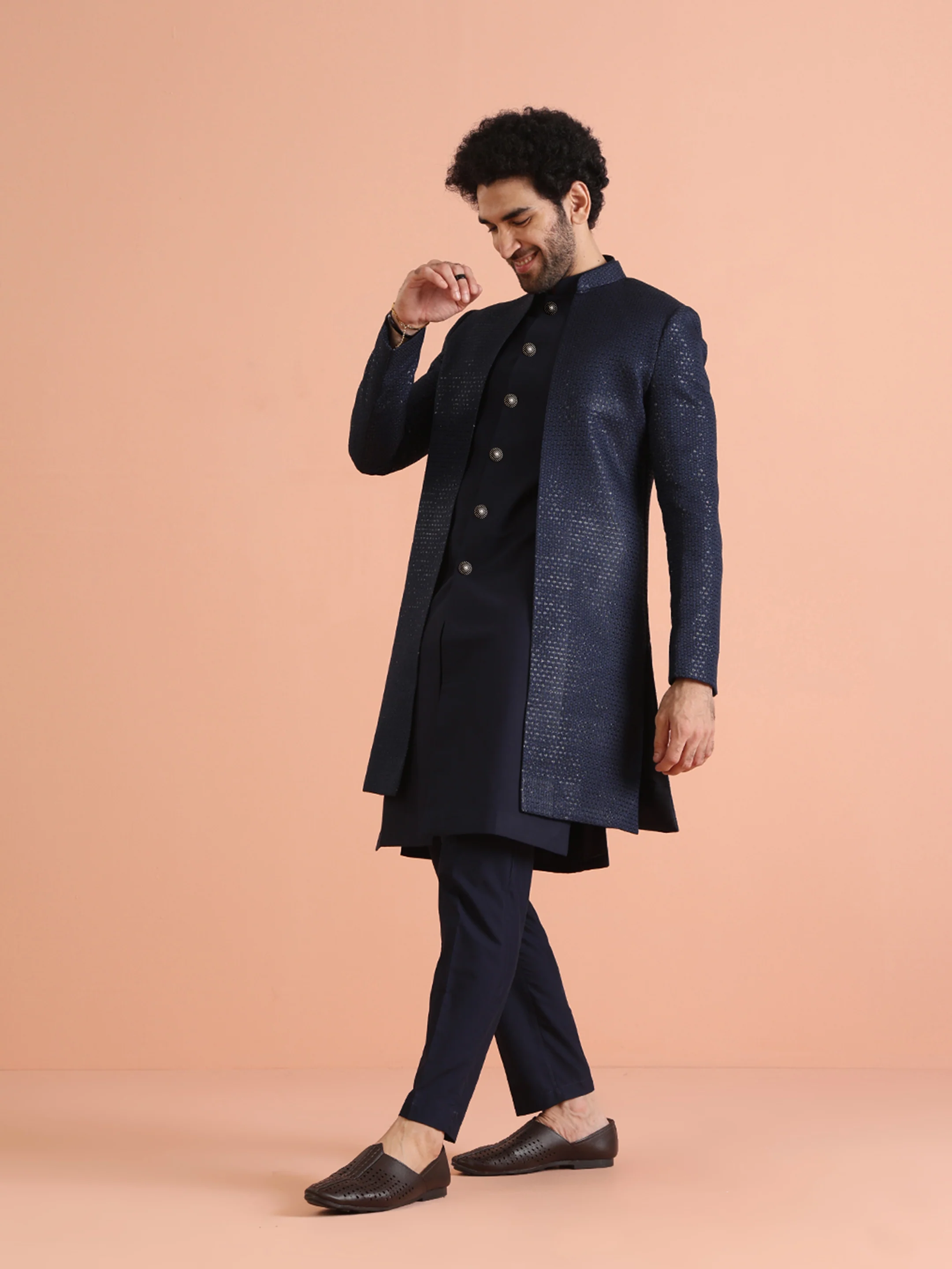 Navy Silk Blend Mirror Work Sherwani Trouser Set - Image 3