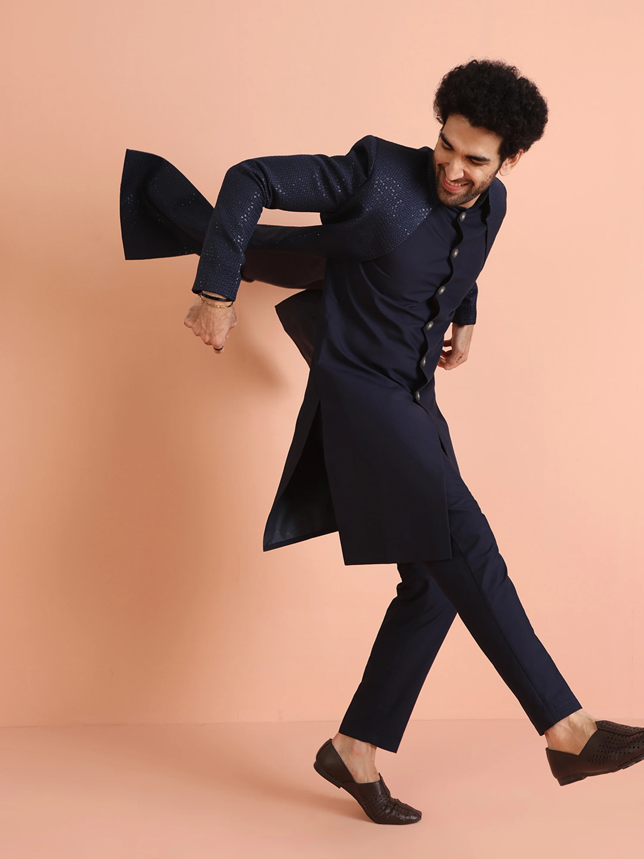 Navy Silk Blend Mirror Work Sherwani Trouser Set - Image 8
