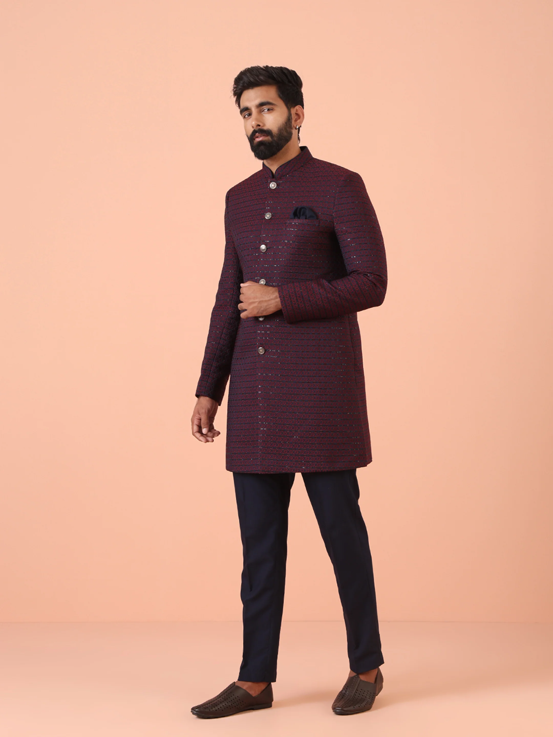 Men Navy Blue Sequinned Indo Western Trouser Set - Image 4