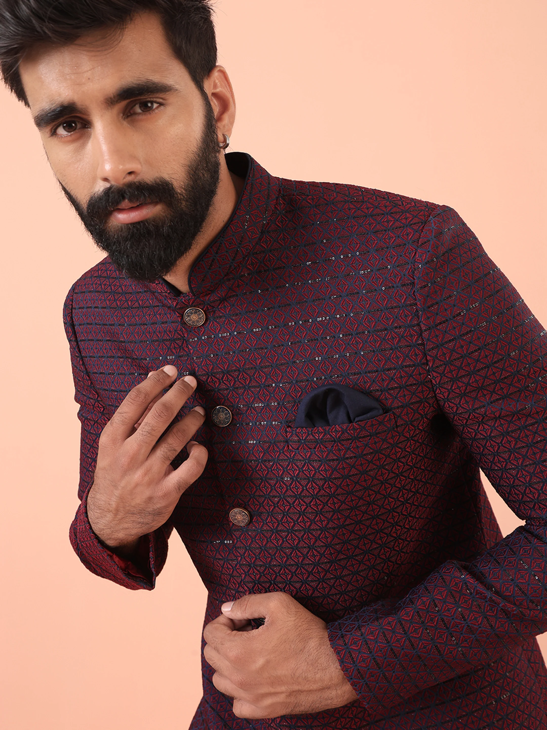 Men Navy Blue Sequinned Indo Western Trouser Set - Image 6