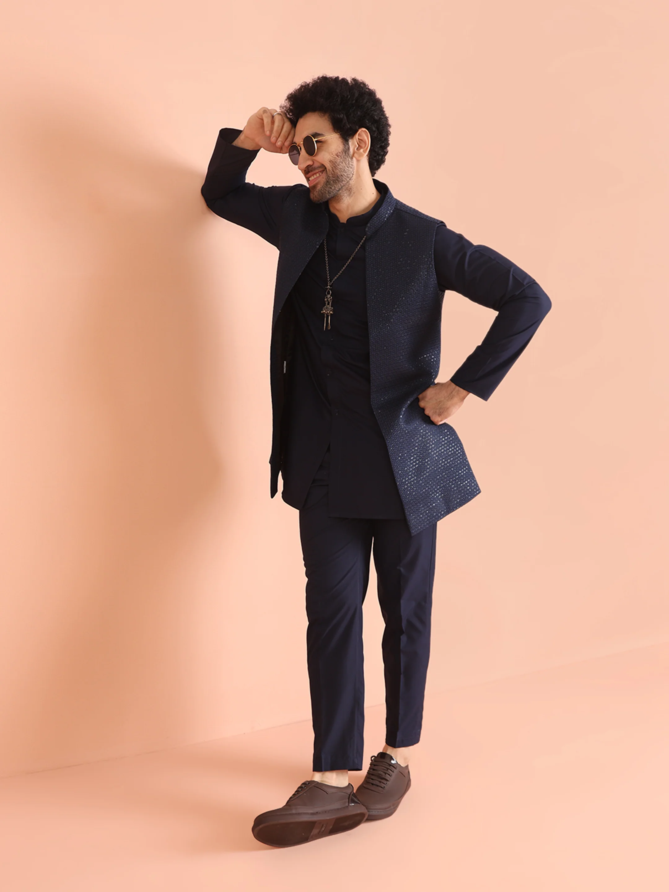 Navy Blue Jacket Kurta Trouser Set