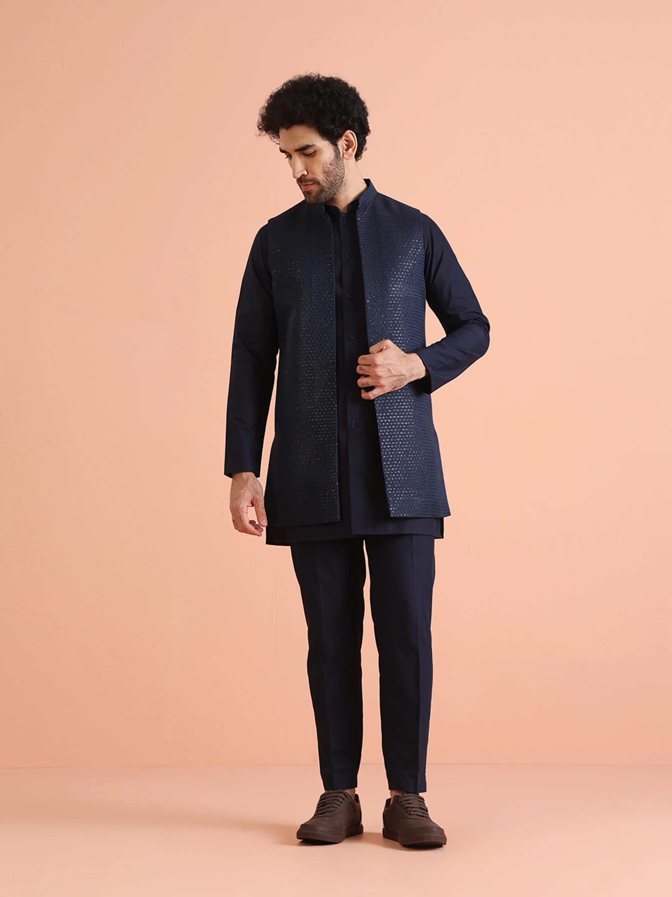 Navy Blue Jacket Kurta Trouser Set - Image 2