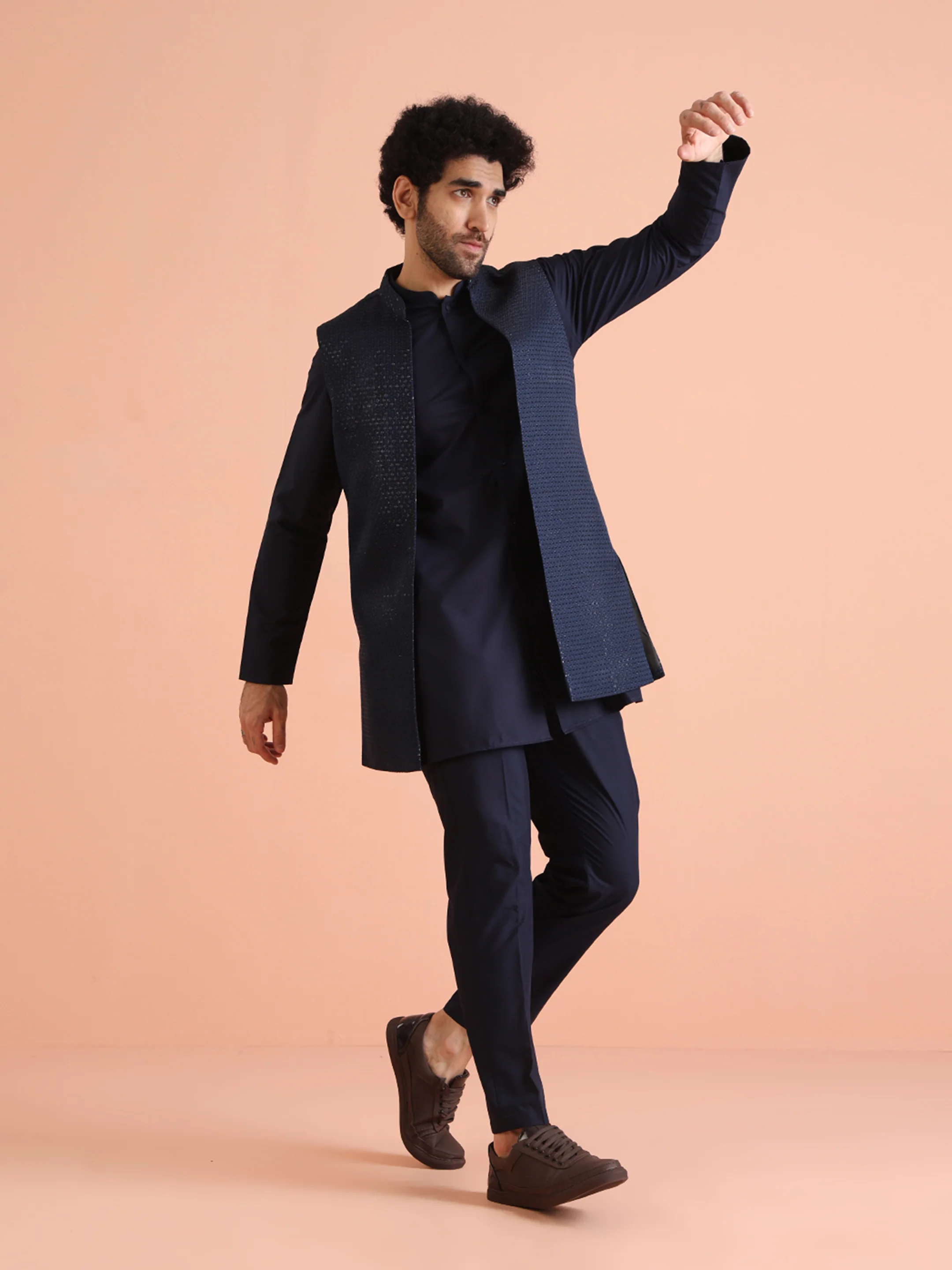 Navy Blue Jacket Kurta Trouser Set - Image 3