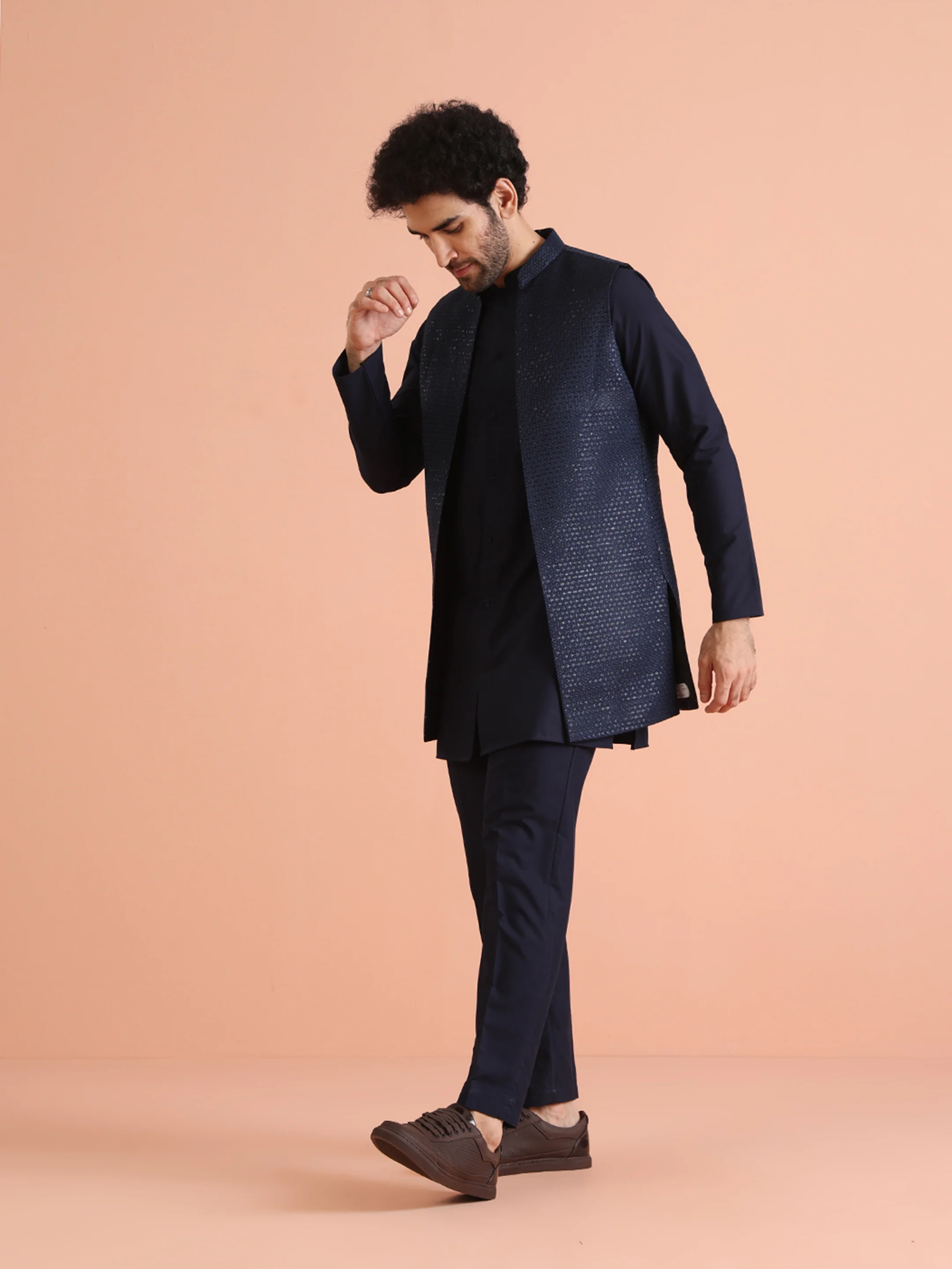 Navy Blue Jacket Kurta Trouser Set - Image 4
