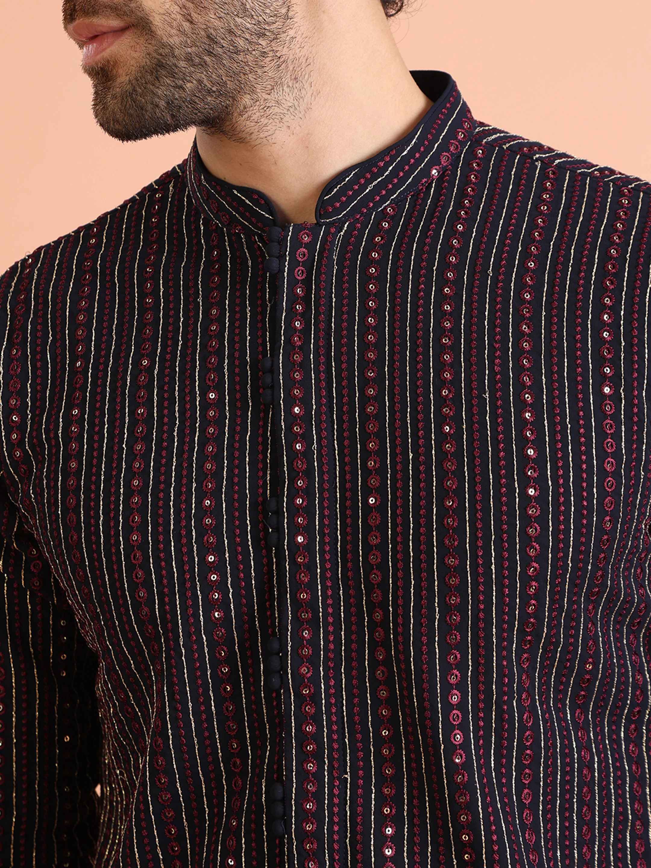 Men Navy Blue Sequinned Kurta Trouser Set - Image 5