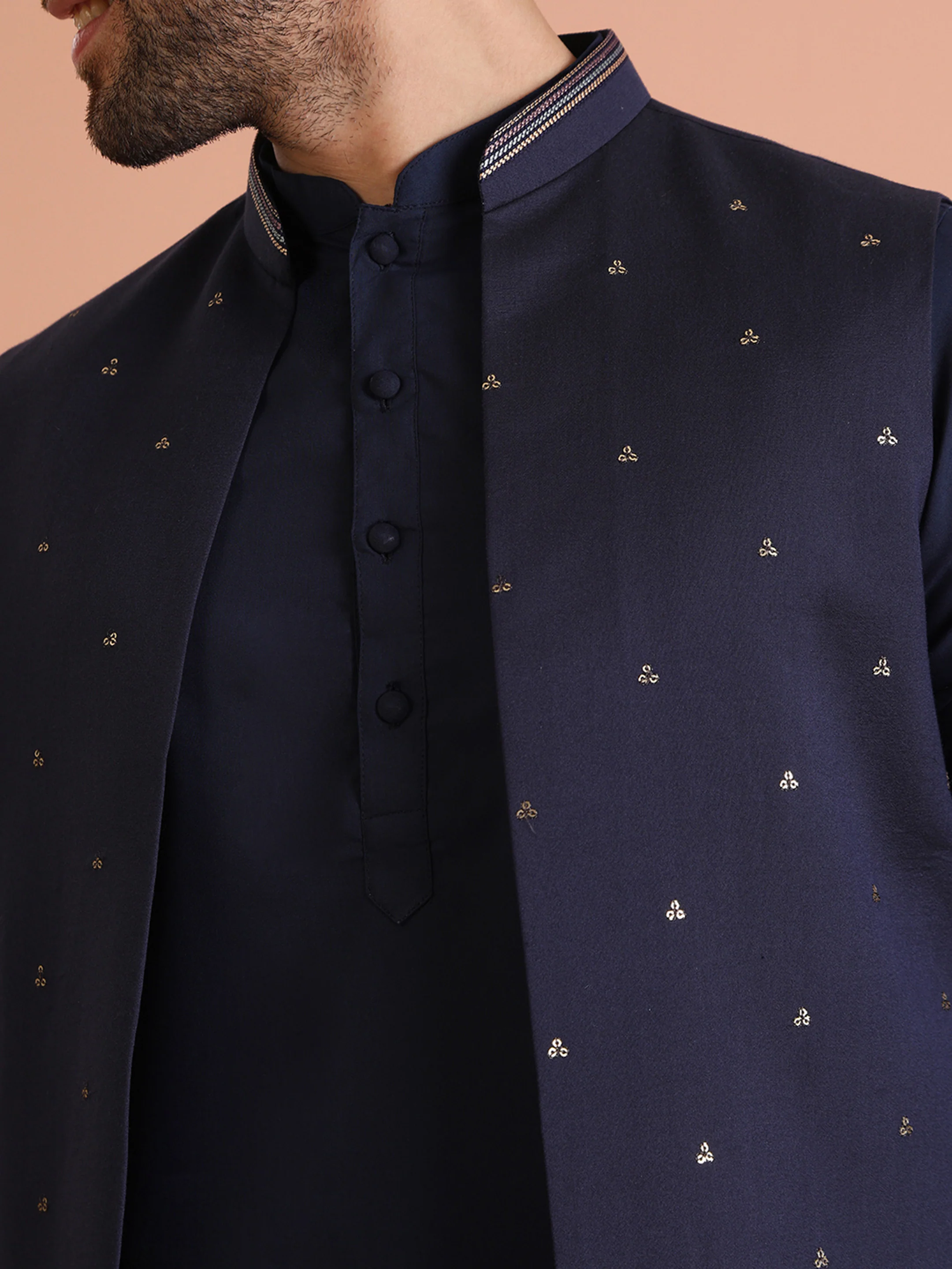 Navy Blue Embroidered Jacket Set - Image 3