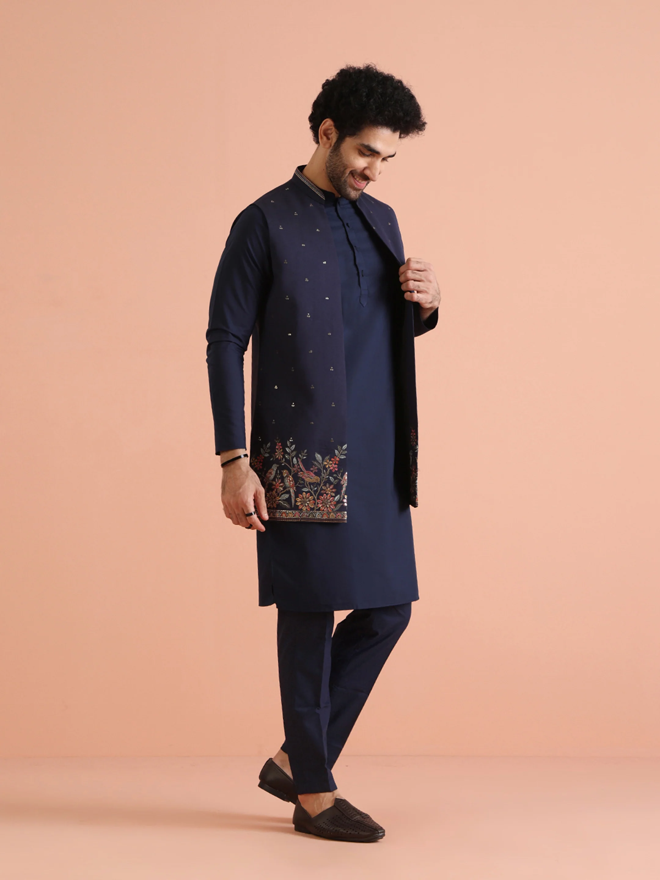 Navy Blue Embroidered Jacket Set - Image 4