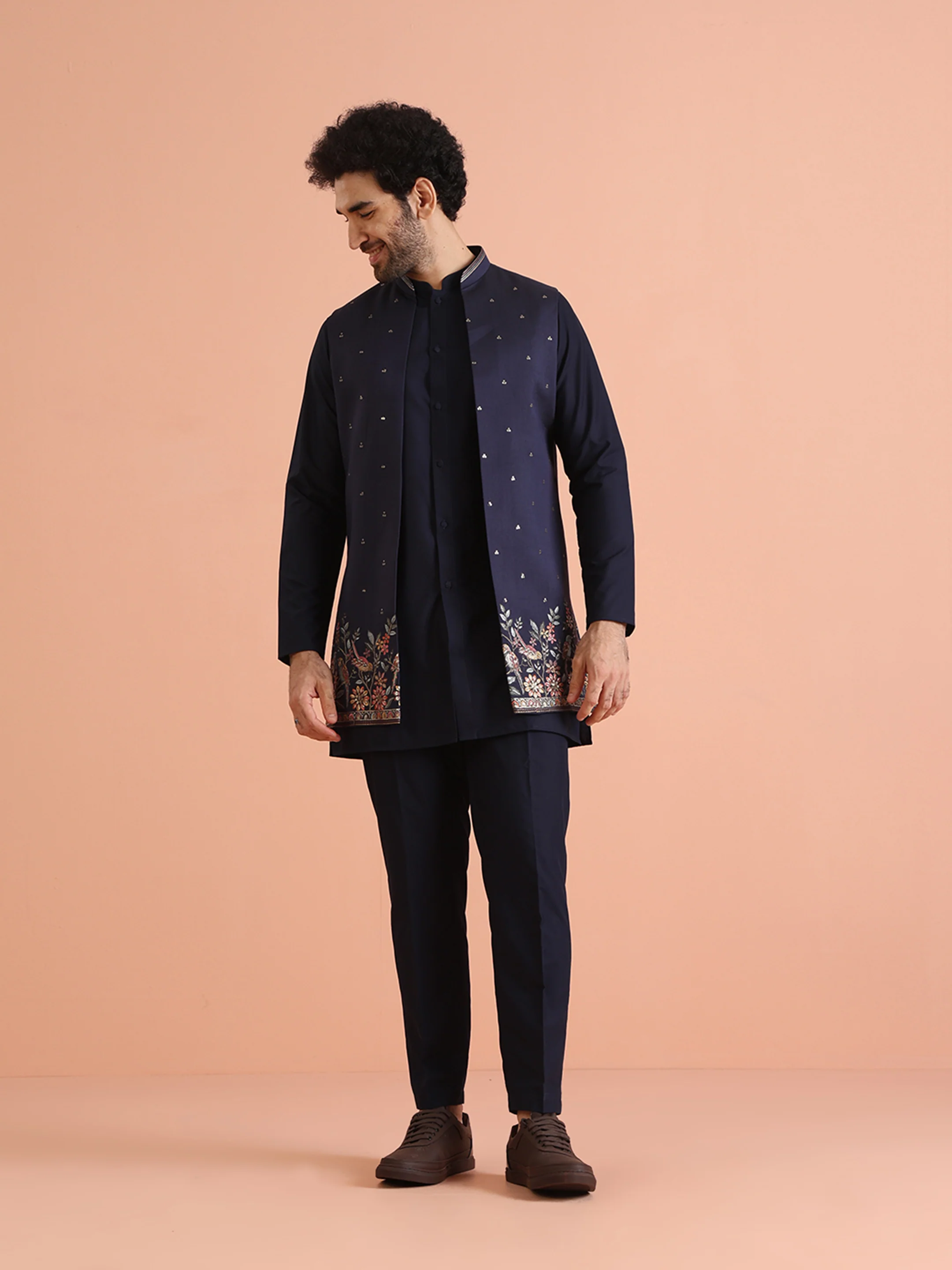 Navy Blue Thread Work Nehru Jacket Kurta Set