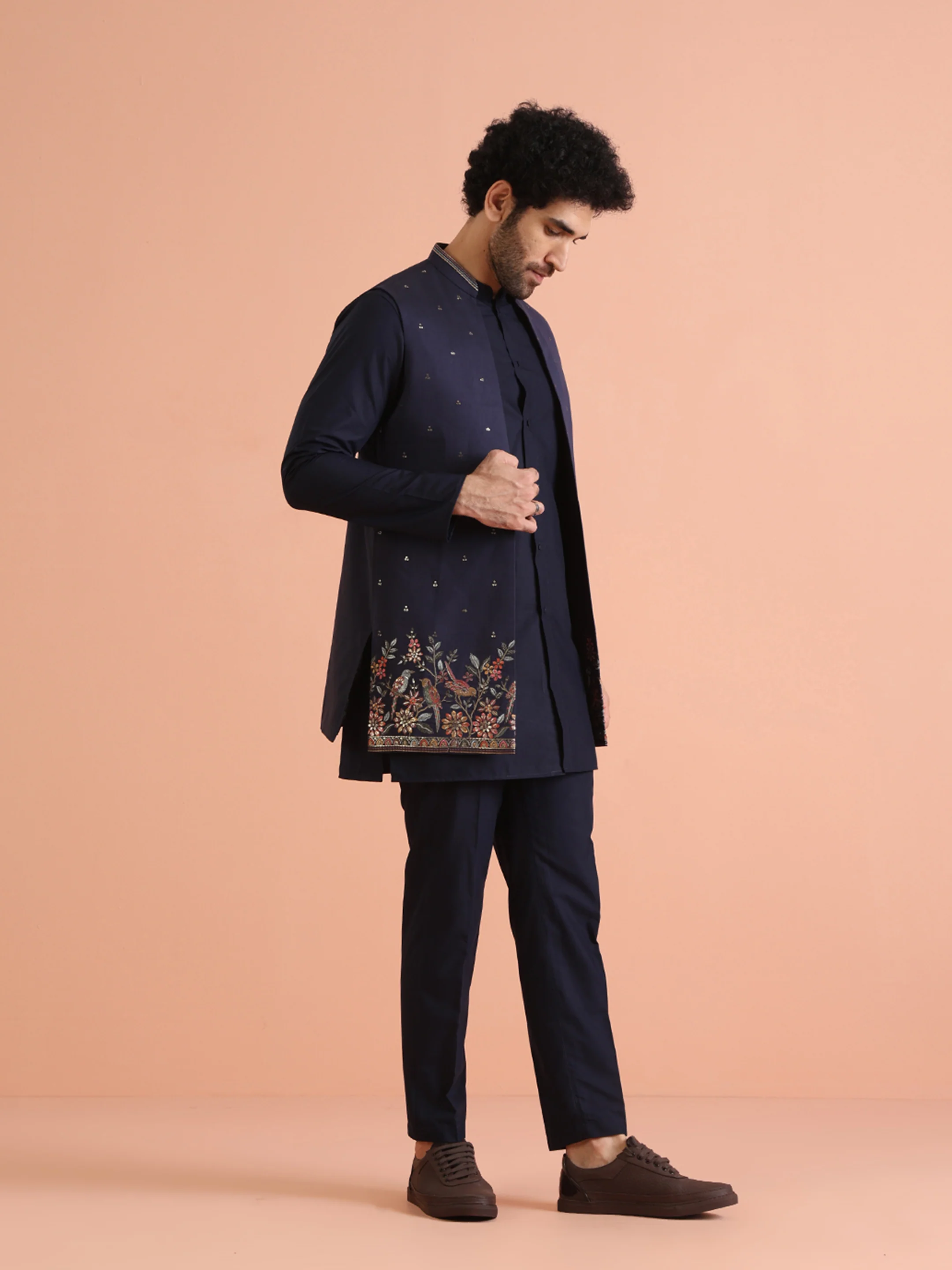 Navy Blue Thread Work Nehru Jacket Kurta Set - Image 2