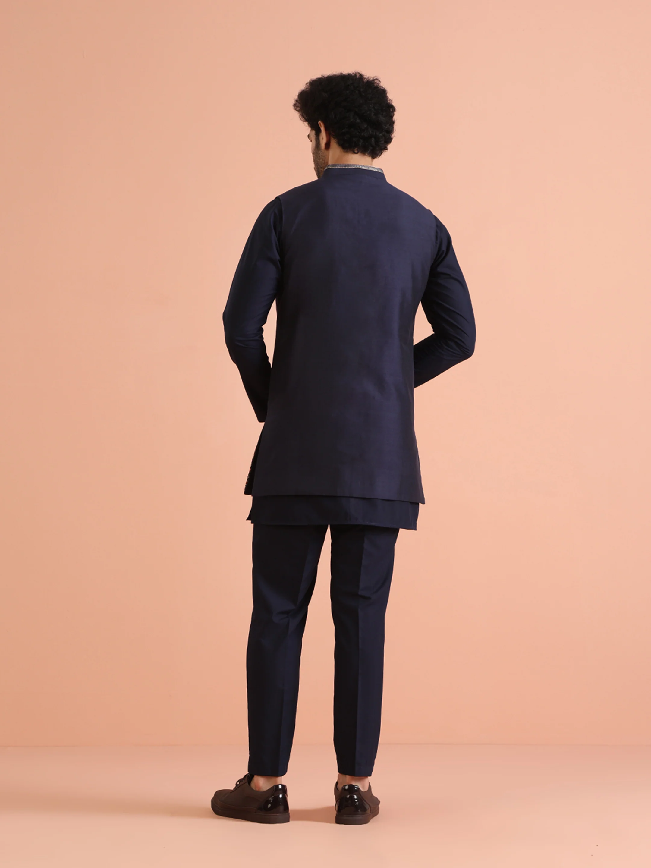 Navy Blue Thread Work Nehru Jacket Kurta Set - Image 4