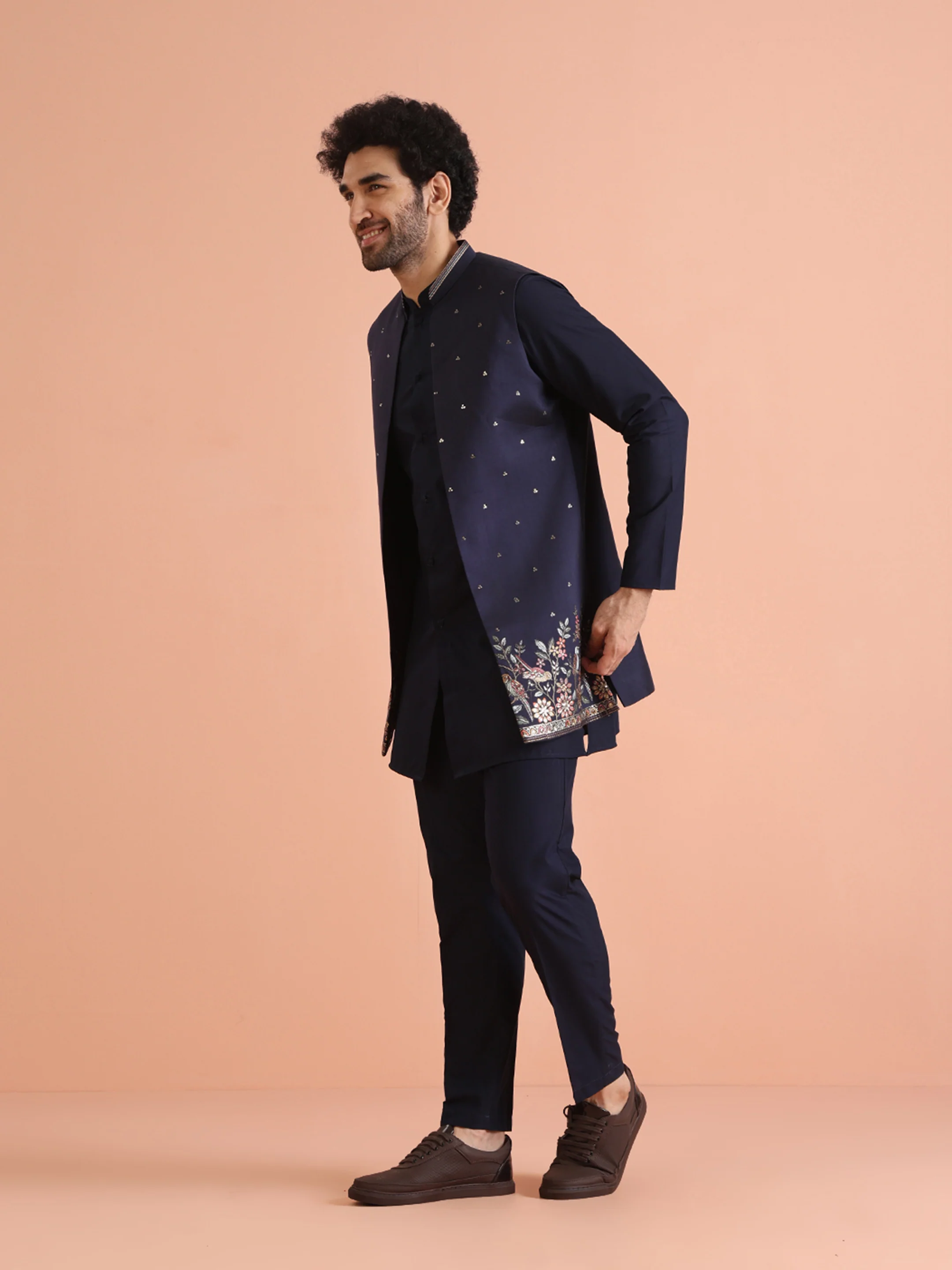 Navy Blue Thread Work Nehru Jacket Kurta Set - Image 7