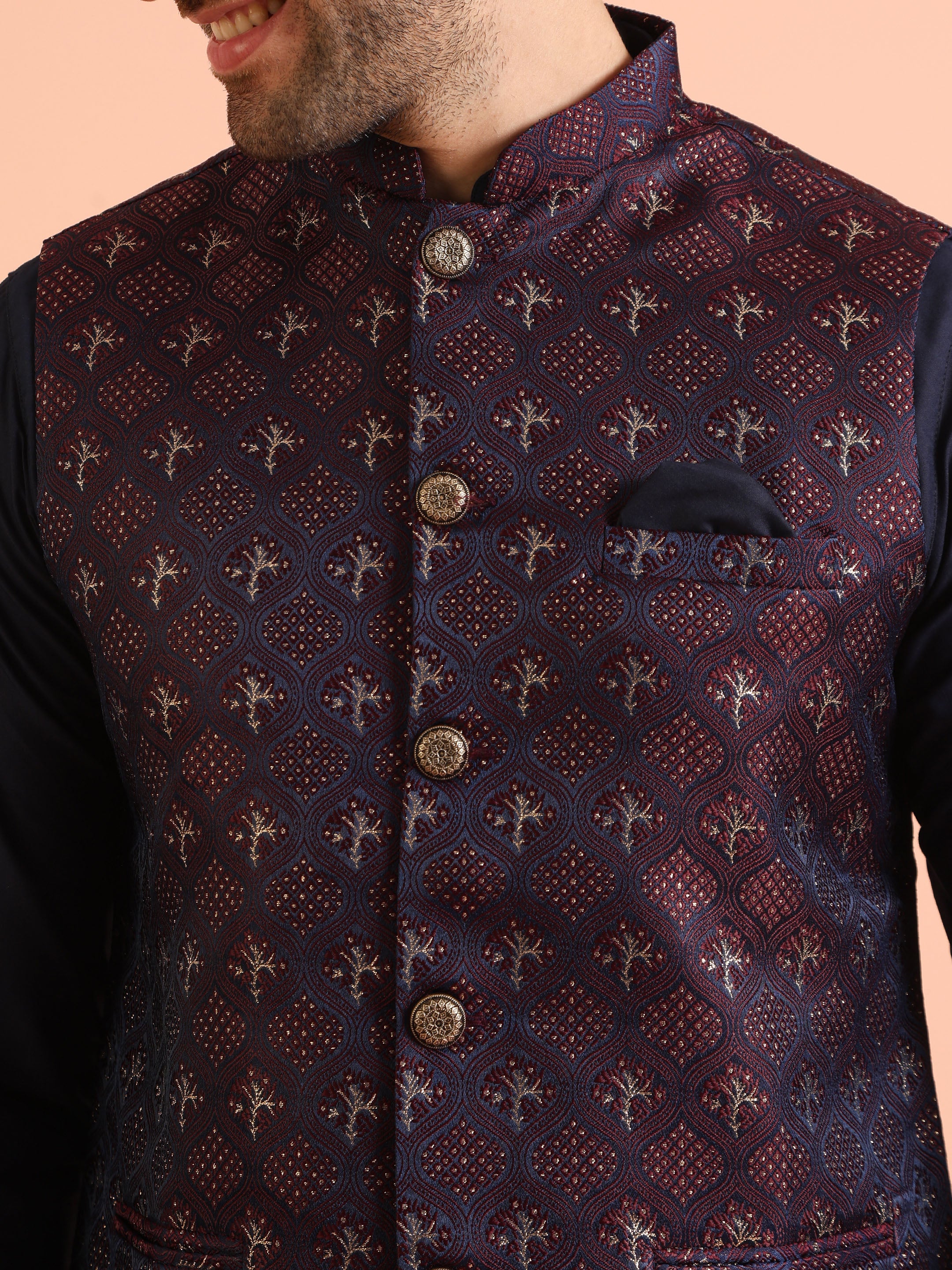 Navy Kurta with Maroon Woven Nehru Jacket Set - Image 5