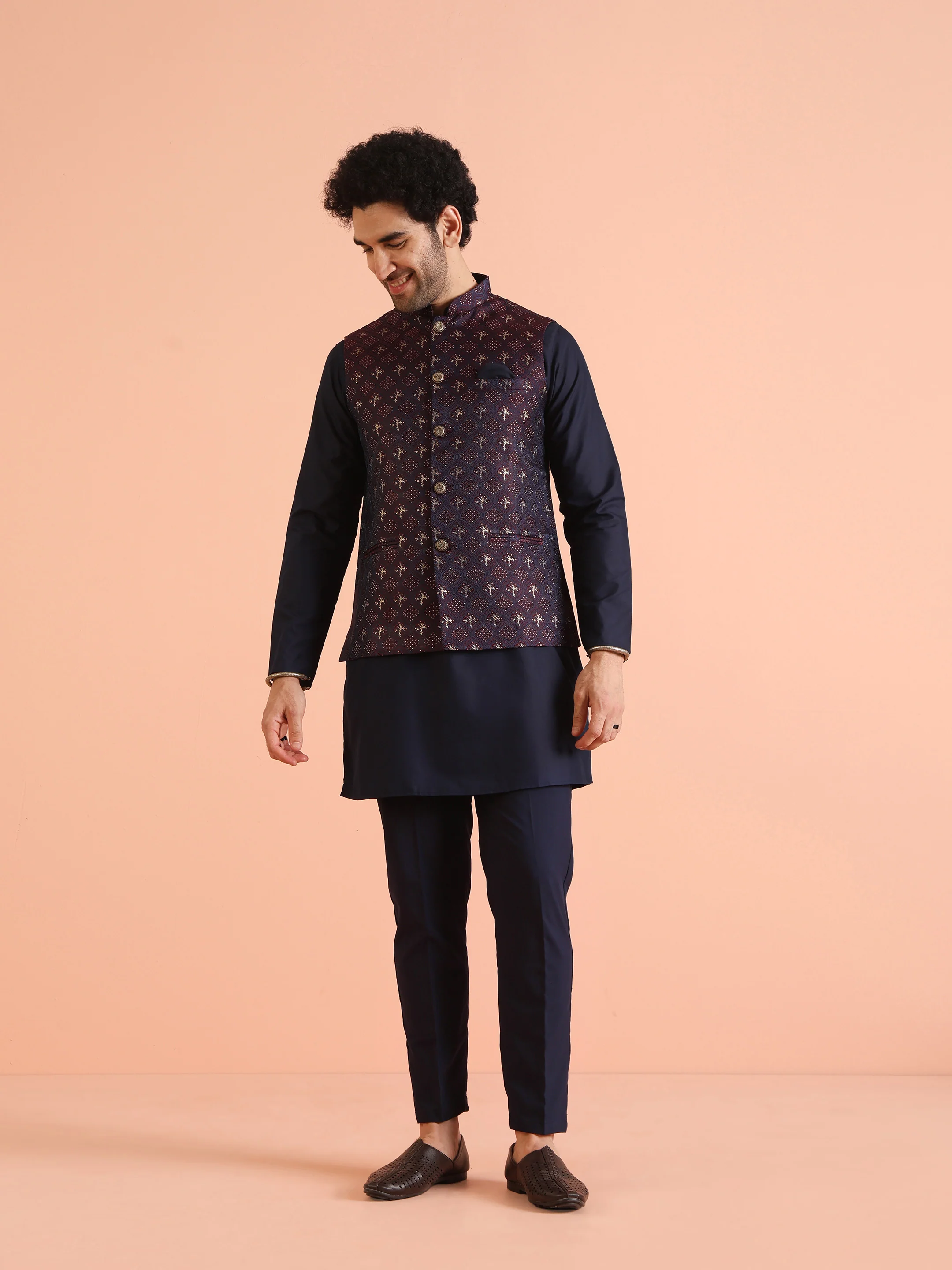 Navy Kurta with Maroon Woven Nehru Jacket Set - Image 8