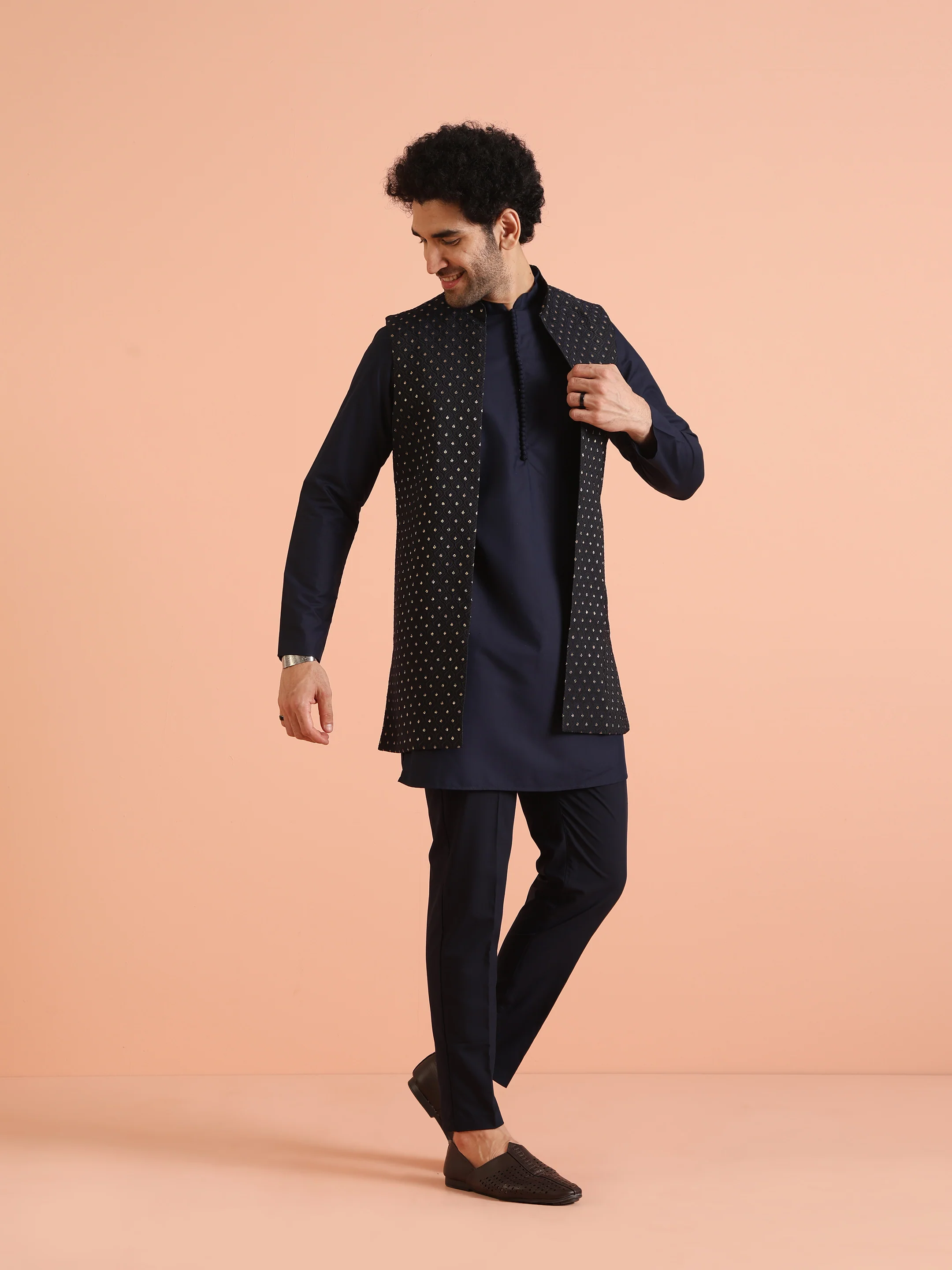 Navy Blue Woven Jacket Kurta Trouser Set - Image 2