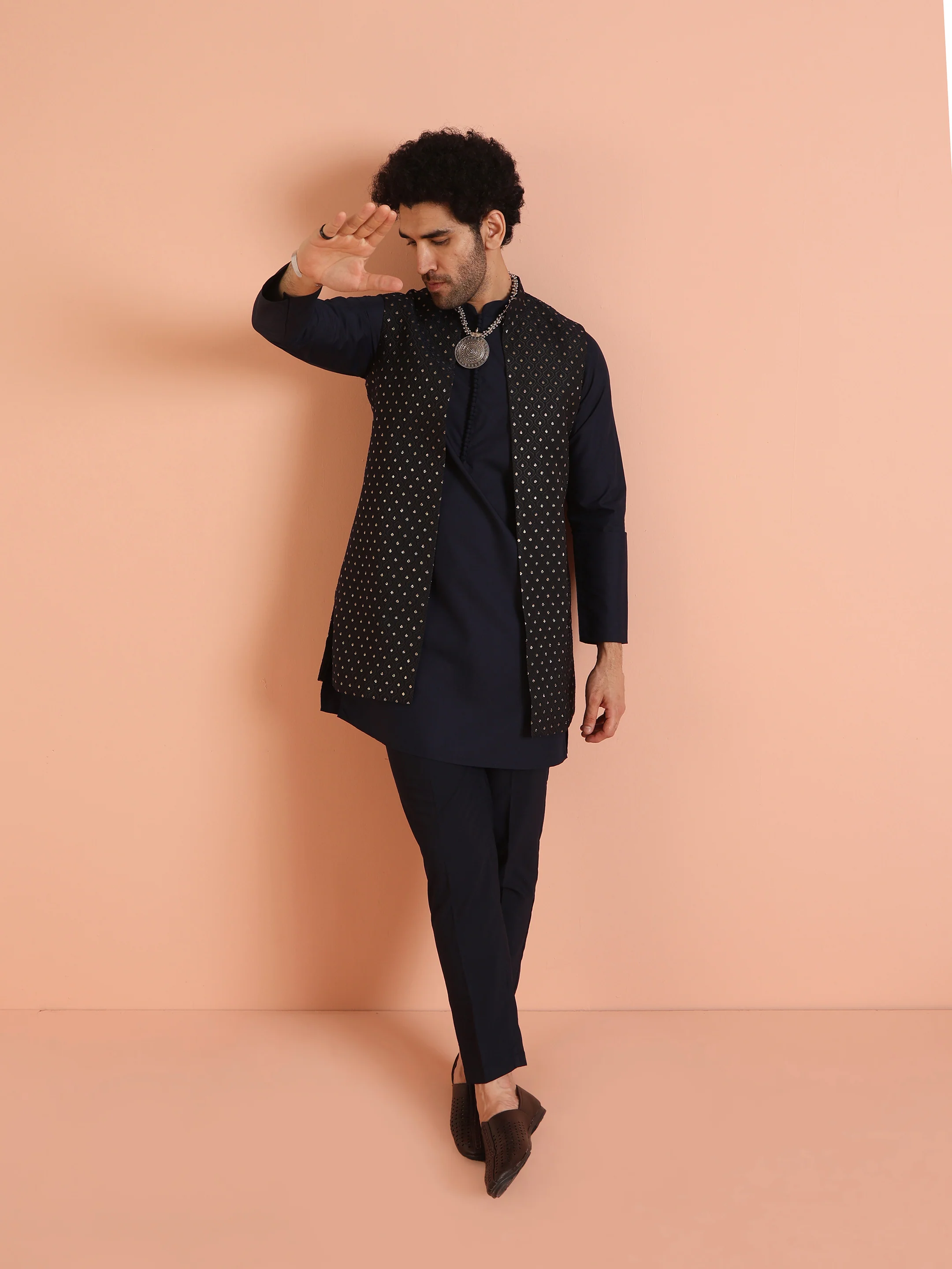 Navy Blue Woven Jacket Kurta Trouser Set - Image 3