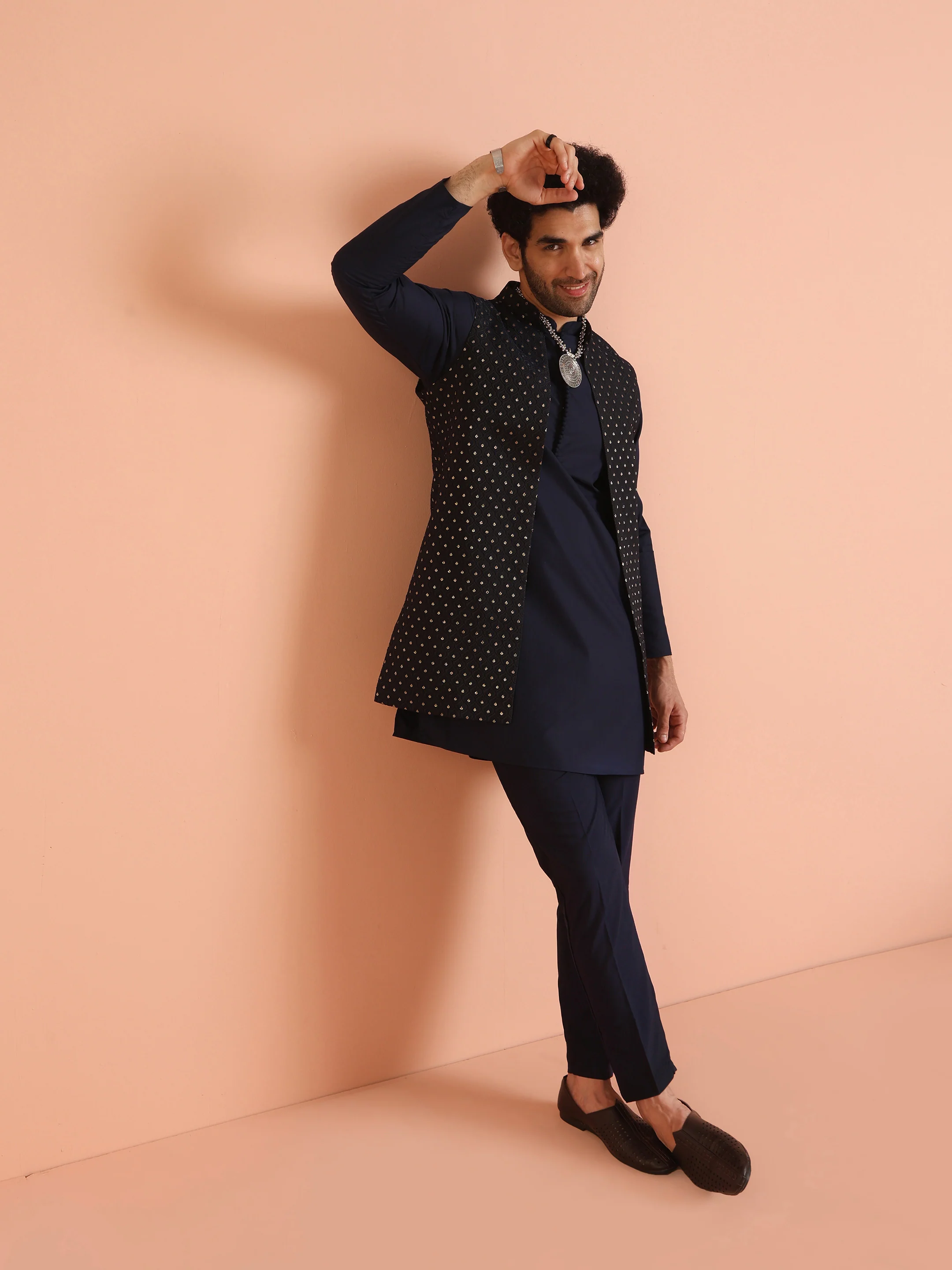 Navy Blue Woven Jacket Kurta Trouser Set - Image 7