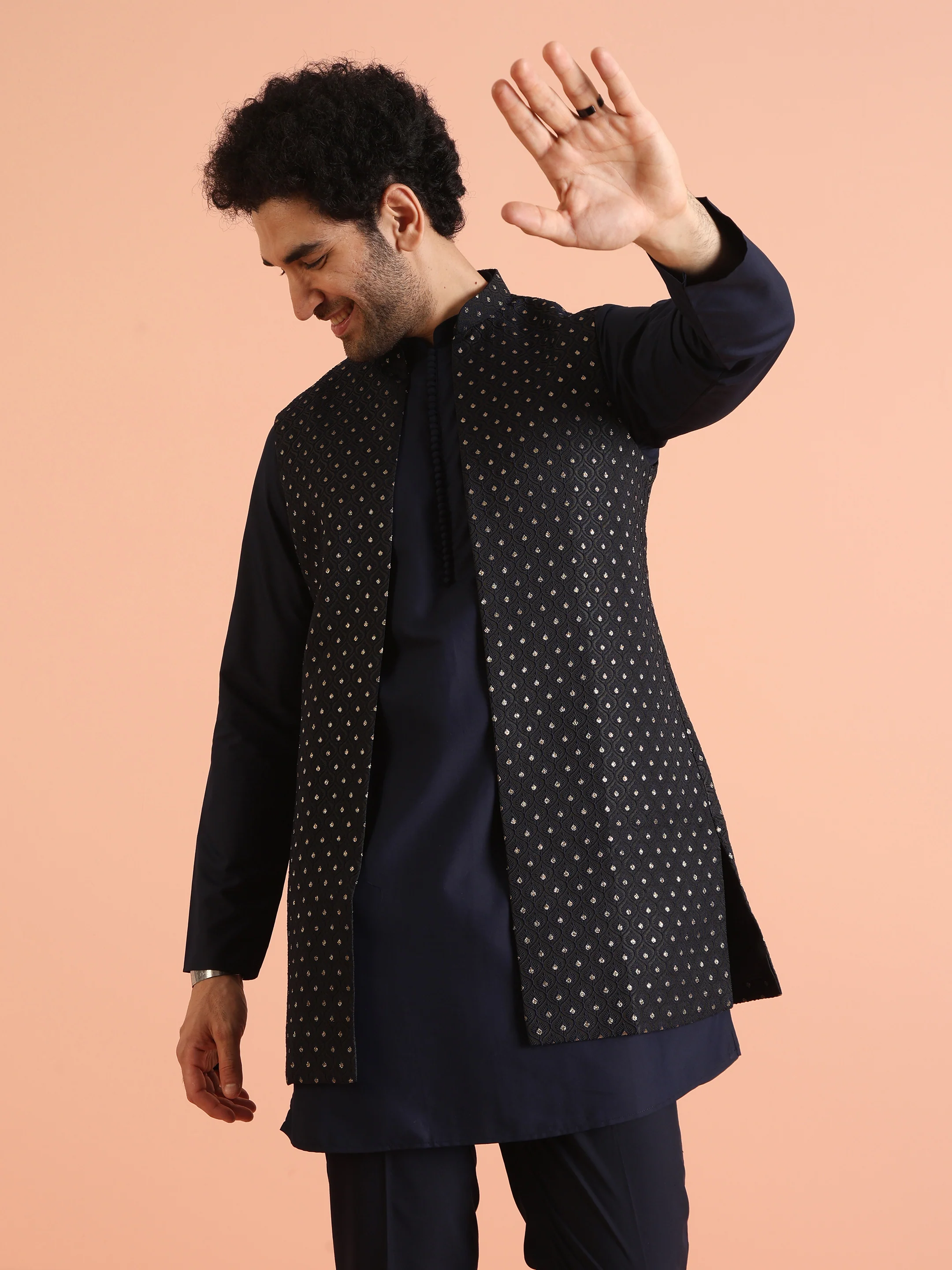 Navy Blue Woven Jacket Kurta Trouser Set - Image 8