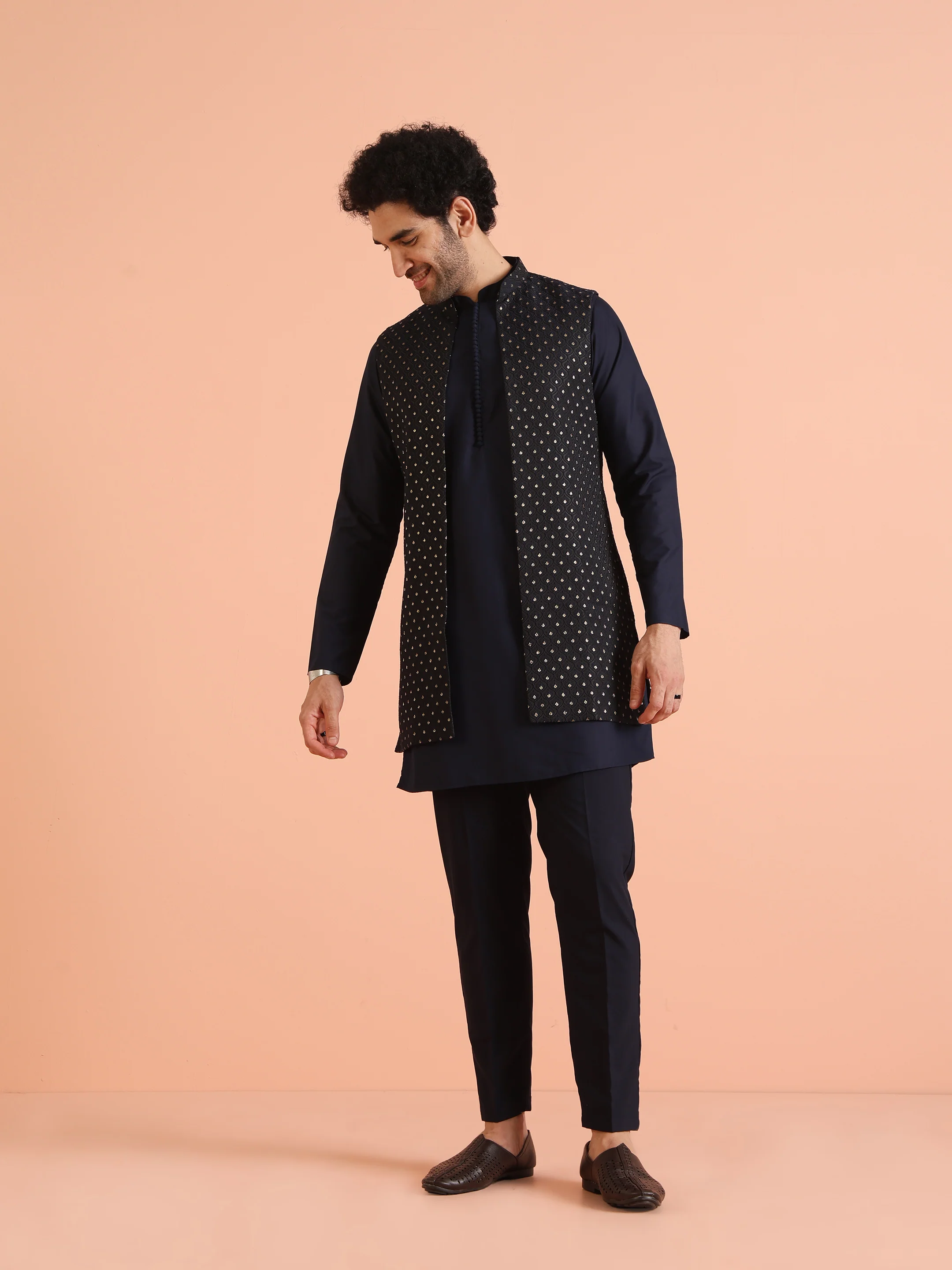 Navy Blue Woven Jacket Kurta Trouser Set - Image 9