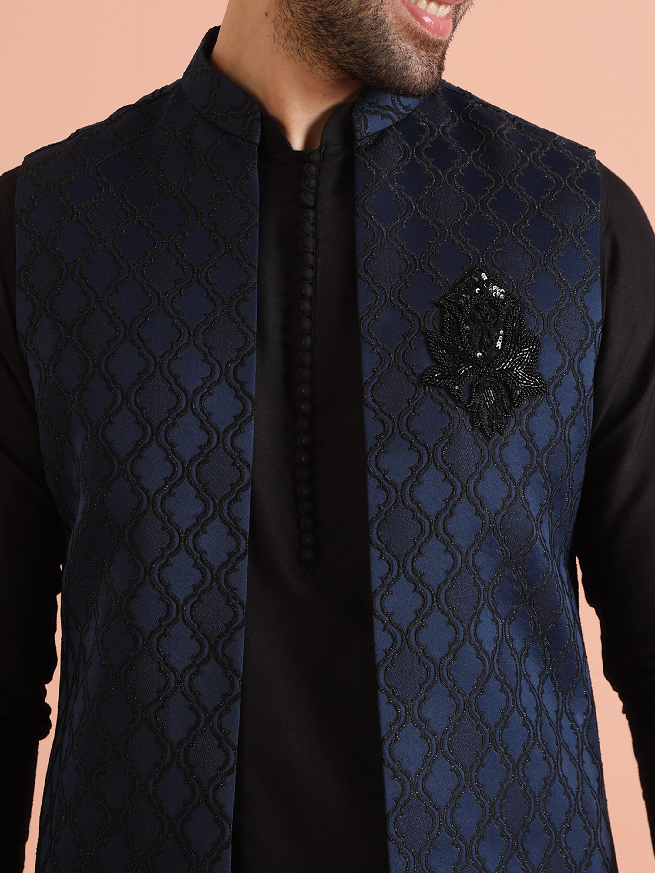 Navy Blue Woven Jacket Kurta Trouser Set - Image 5