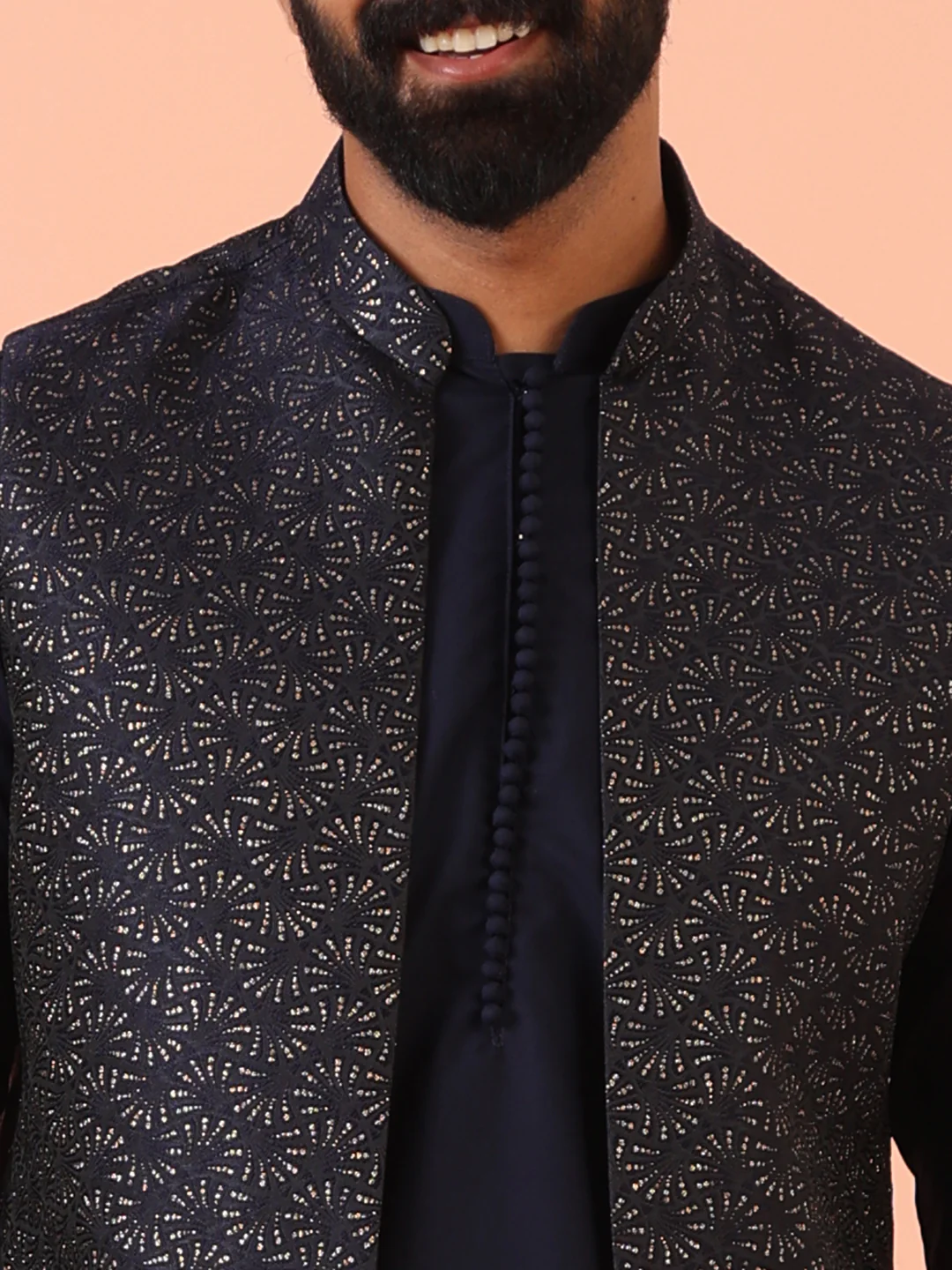 Navy Silk Blend Black Textured Nehru Jacket Mid Kurta Set - Image 5