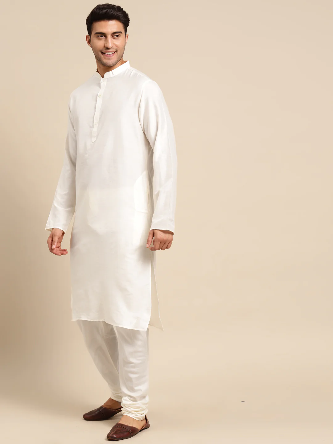 White Silk Blend Kurta Churidar with Printed Dupatta - Image 4