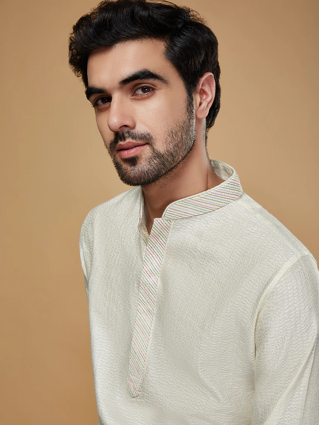 Men Off White Woven Design Thread Work Kurta Churidar Set - Image 5