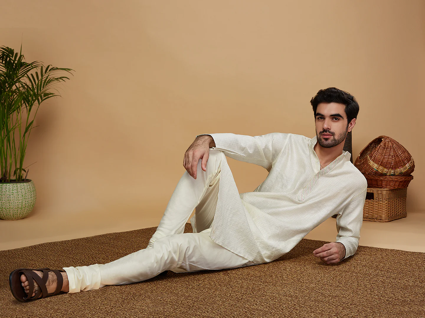 Men Off White Woven Design Thread Work Kurta Churidar Set - Image 7