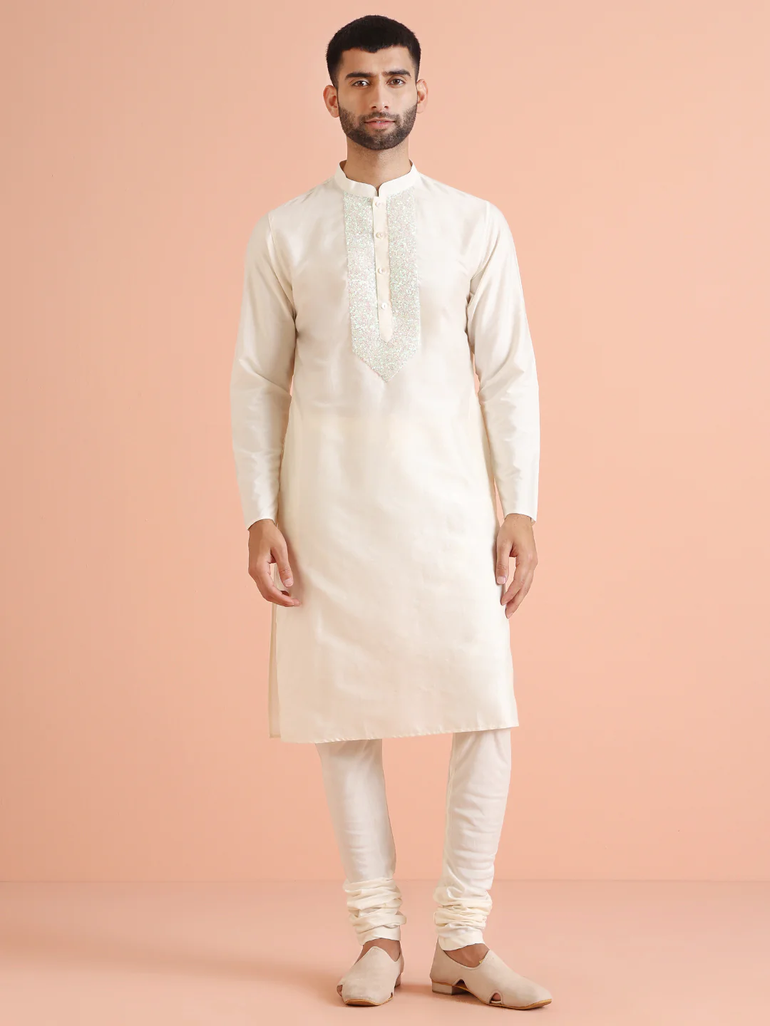 Men Off White Kurta Churidar Set - Image 3