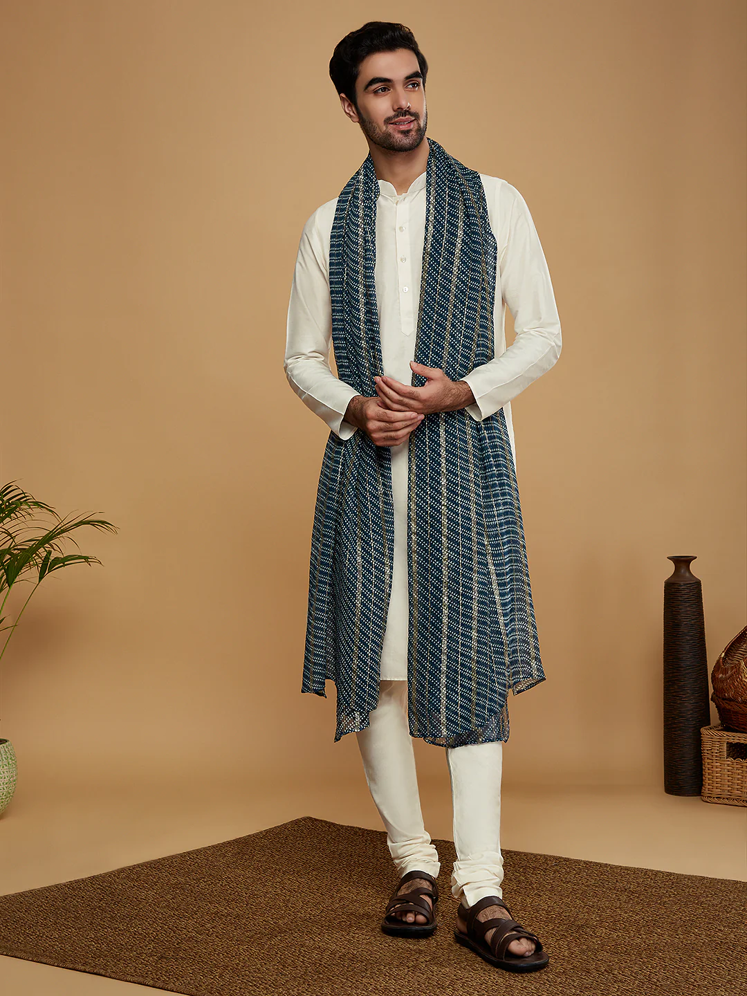 Cream Cotton Kurta Churidar Set with Dupatta