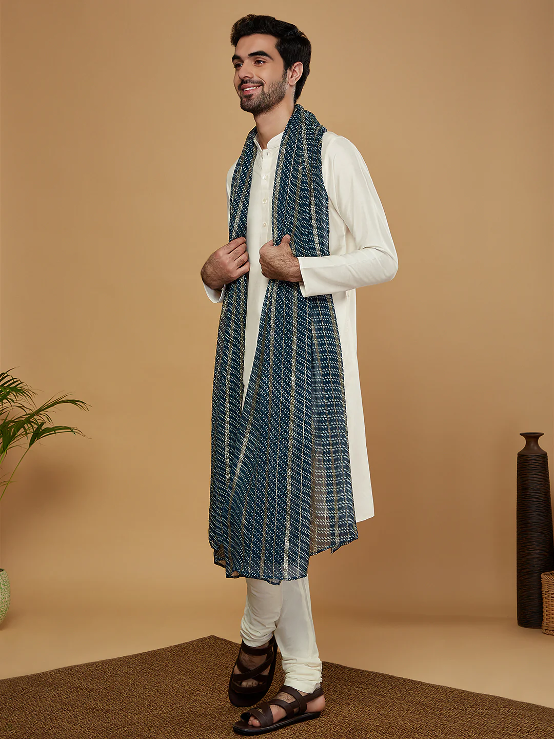 Cream Cotton Kurta Churidar Set with Dupatta - Image 3