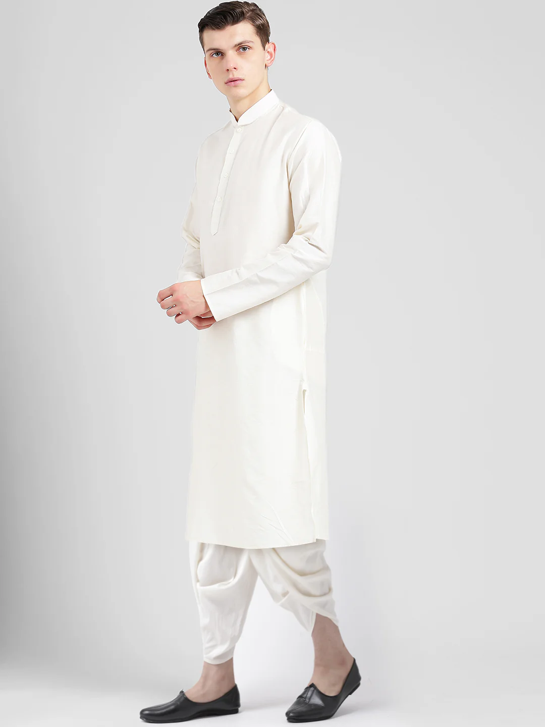 Off White Cotton Silk Solid Kurta Dhoti Set - Image 3