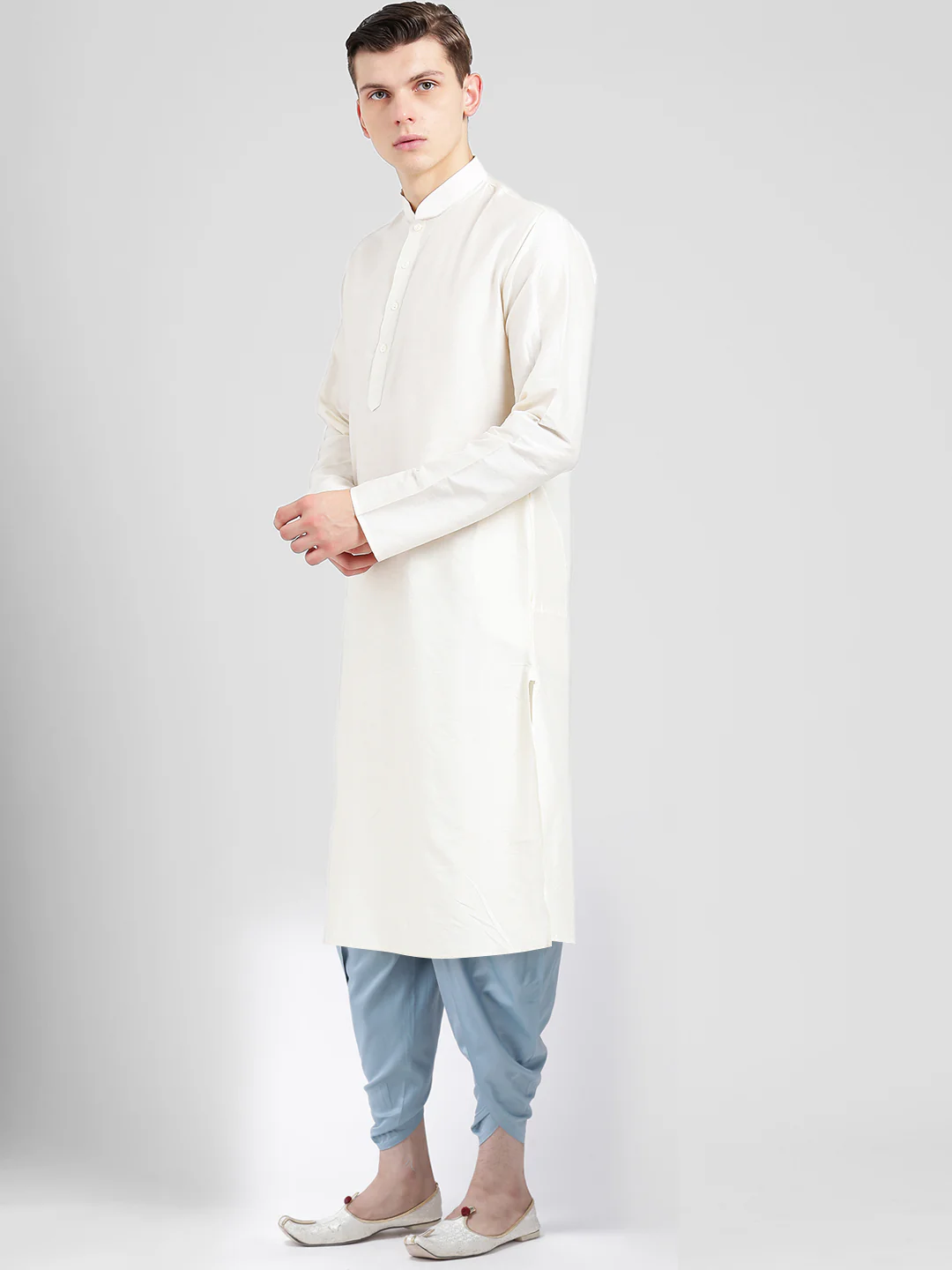 White Silk Blend Kurta Blue Dhoti Set - Image 3