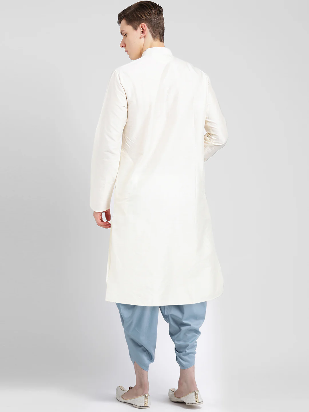 White Silk Blend Kurta Blue Dhoti Set - Image 4