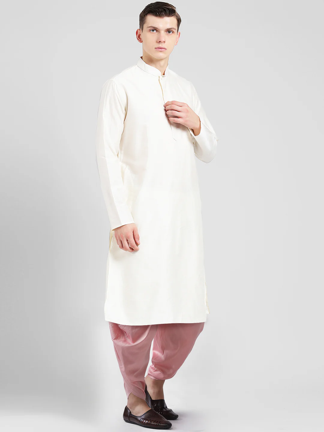 White Cotton Silk Kurta with Pink Dhoti Set - Image 2