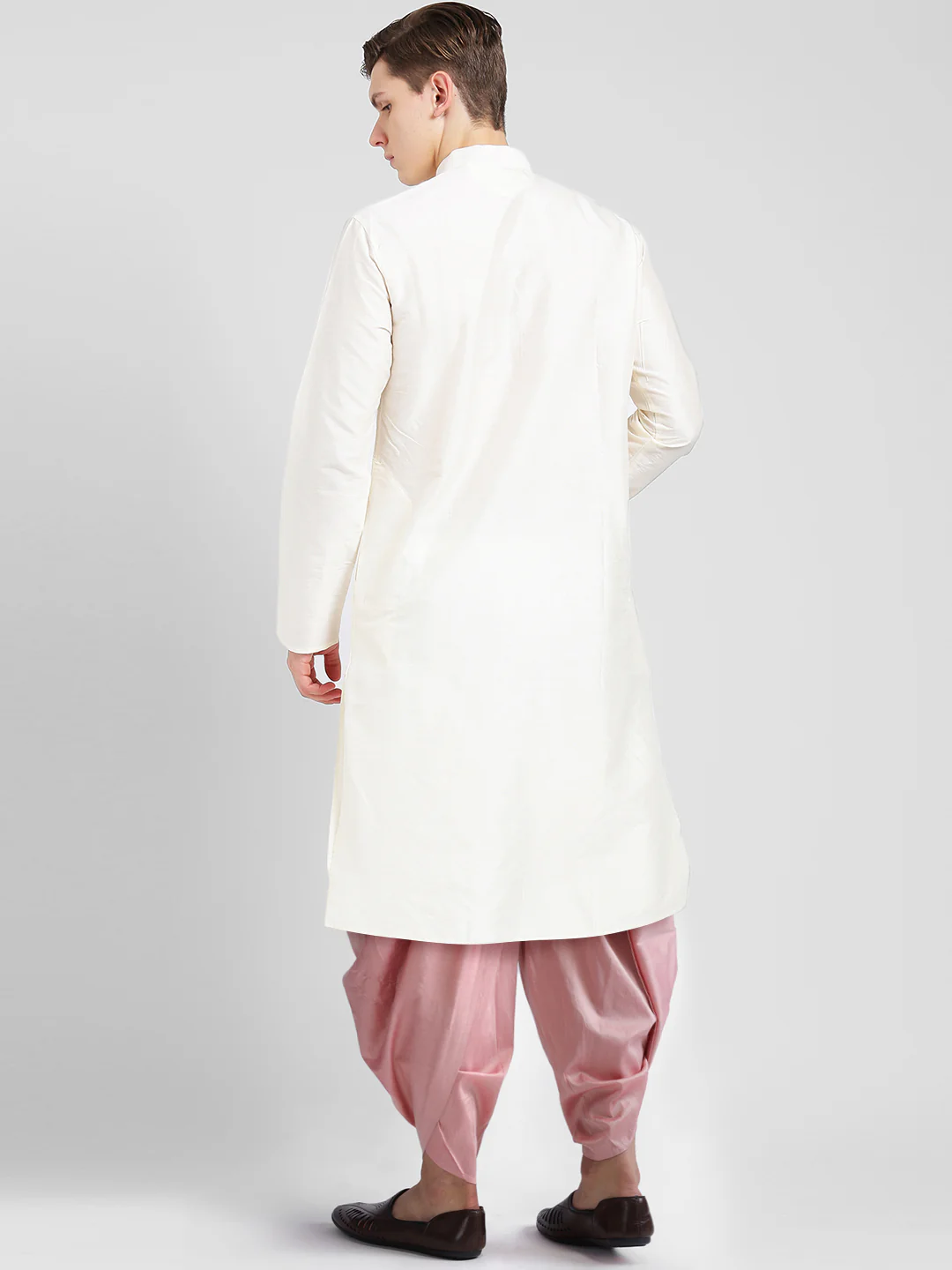 White Cotton Silk Kurta with Pink Dhoti Set - Image 4