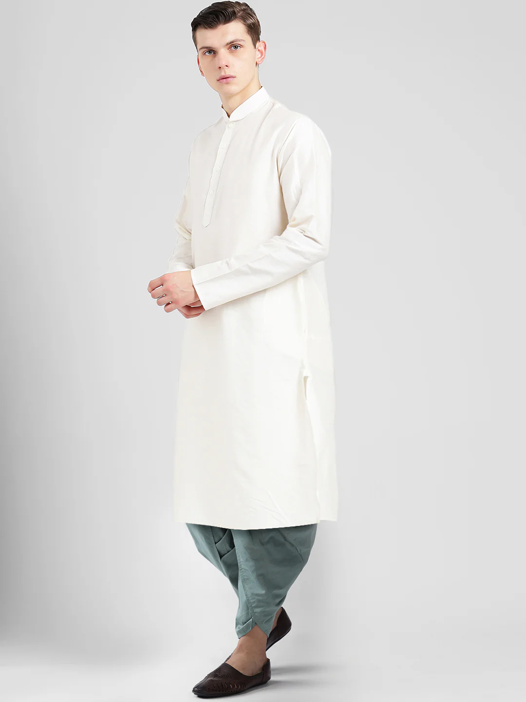 Men Off White Silk Blend Kurta Dhoti Set â€“ Elegant Festive Wear - Image 3