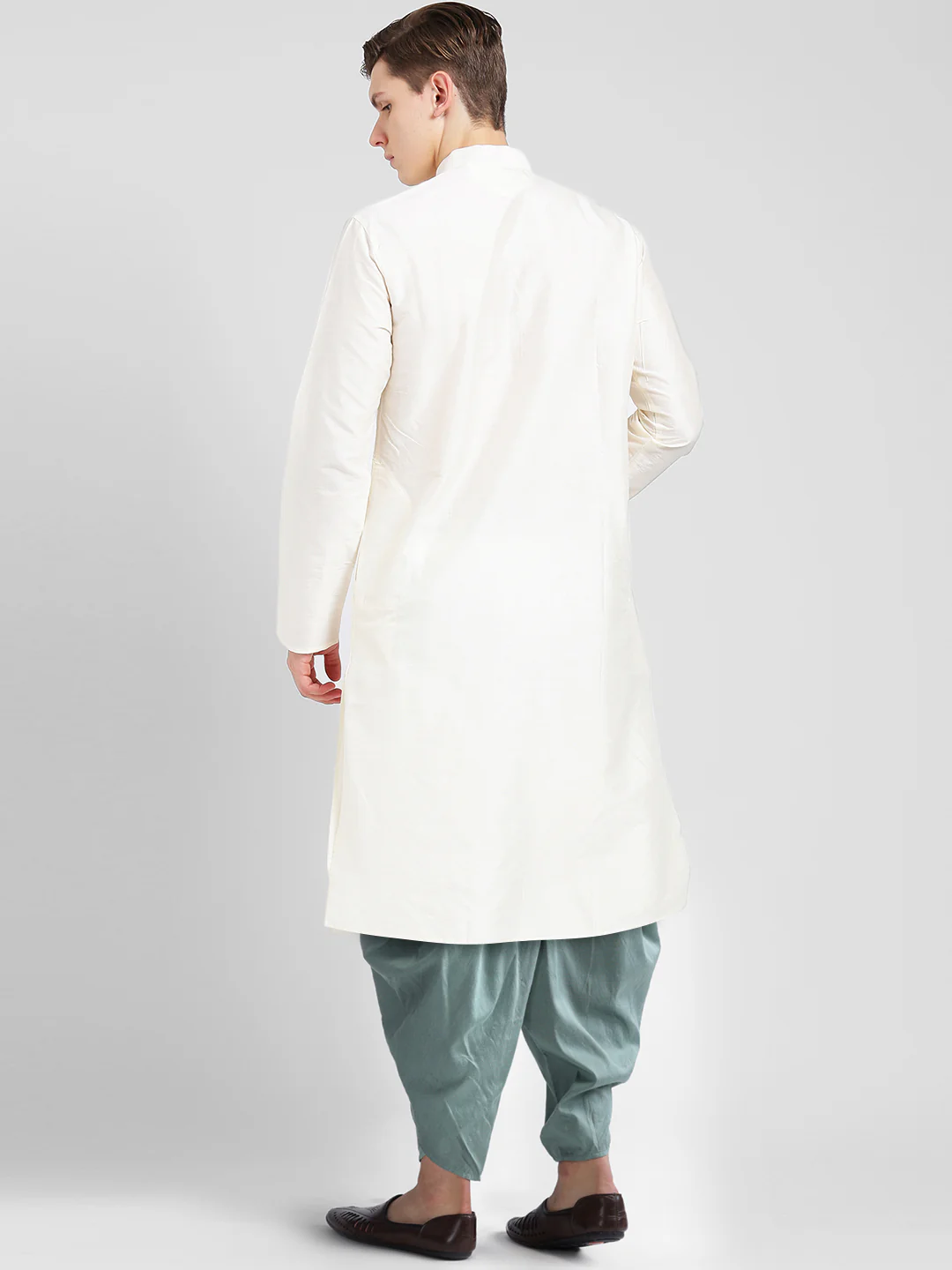Men Off White Silk Blend Kurta Dhoti Set â€“ Elegant Festive Wear - Image 4