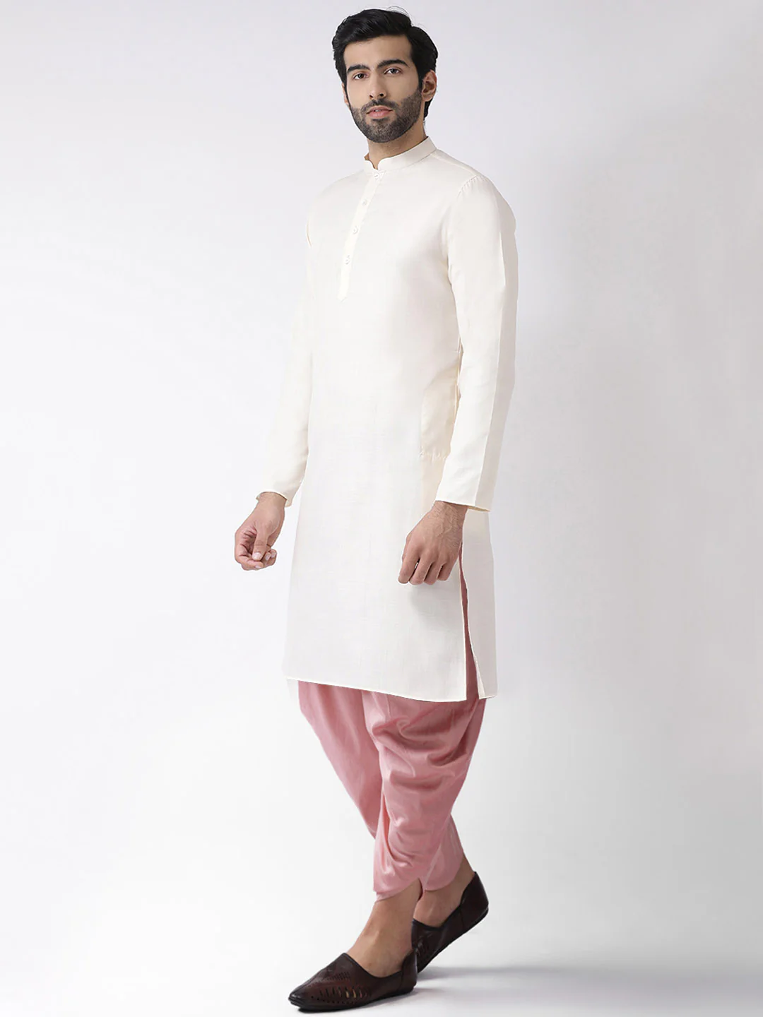Cream Cotton Silk Kurta with Pink Dhoti - Image 2