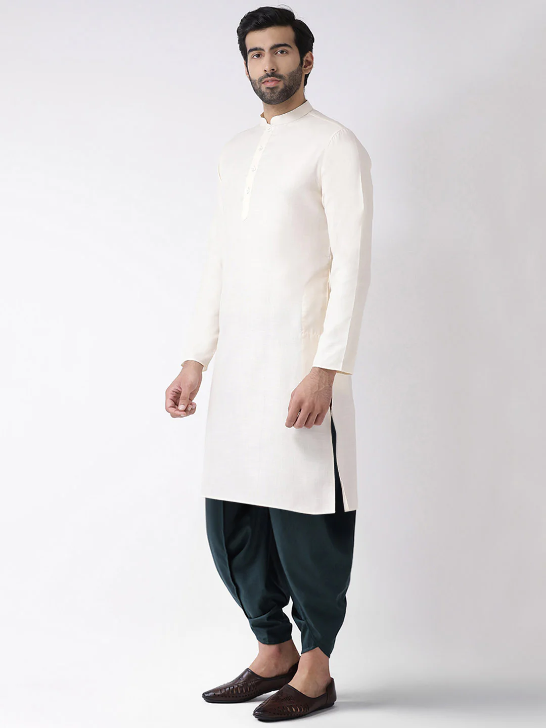 Men Off White Kurta Dhoti Set - Image 2