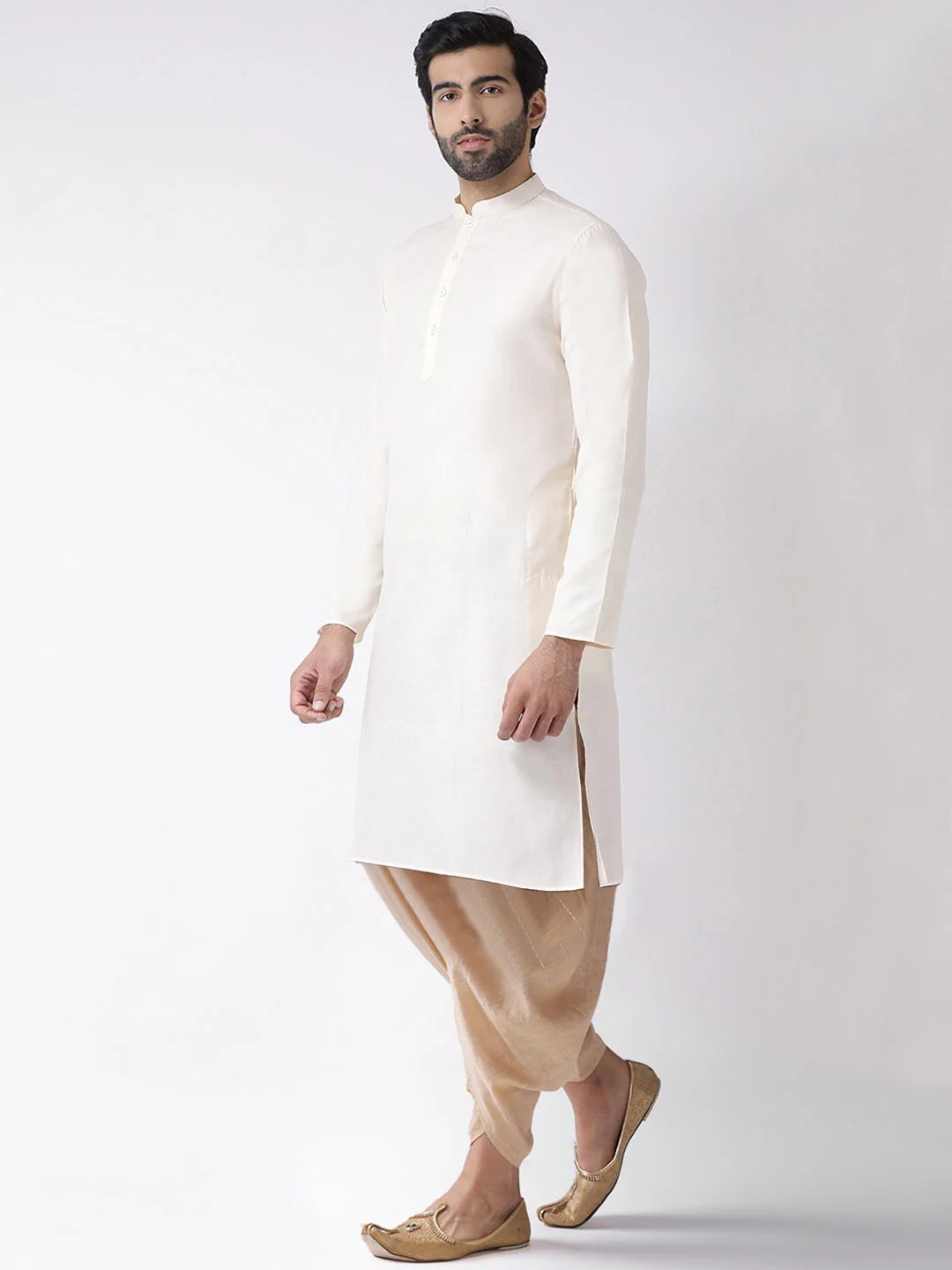 Ivory Solid Kurta Golden Dhoti Set - Image 2