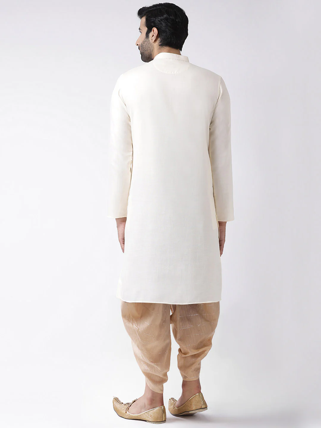 Ivory Solid Kurta Golden Dhoti Set - Image 3