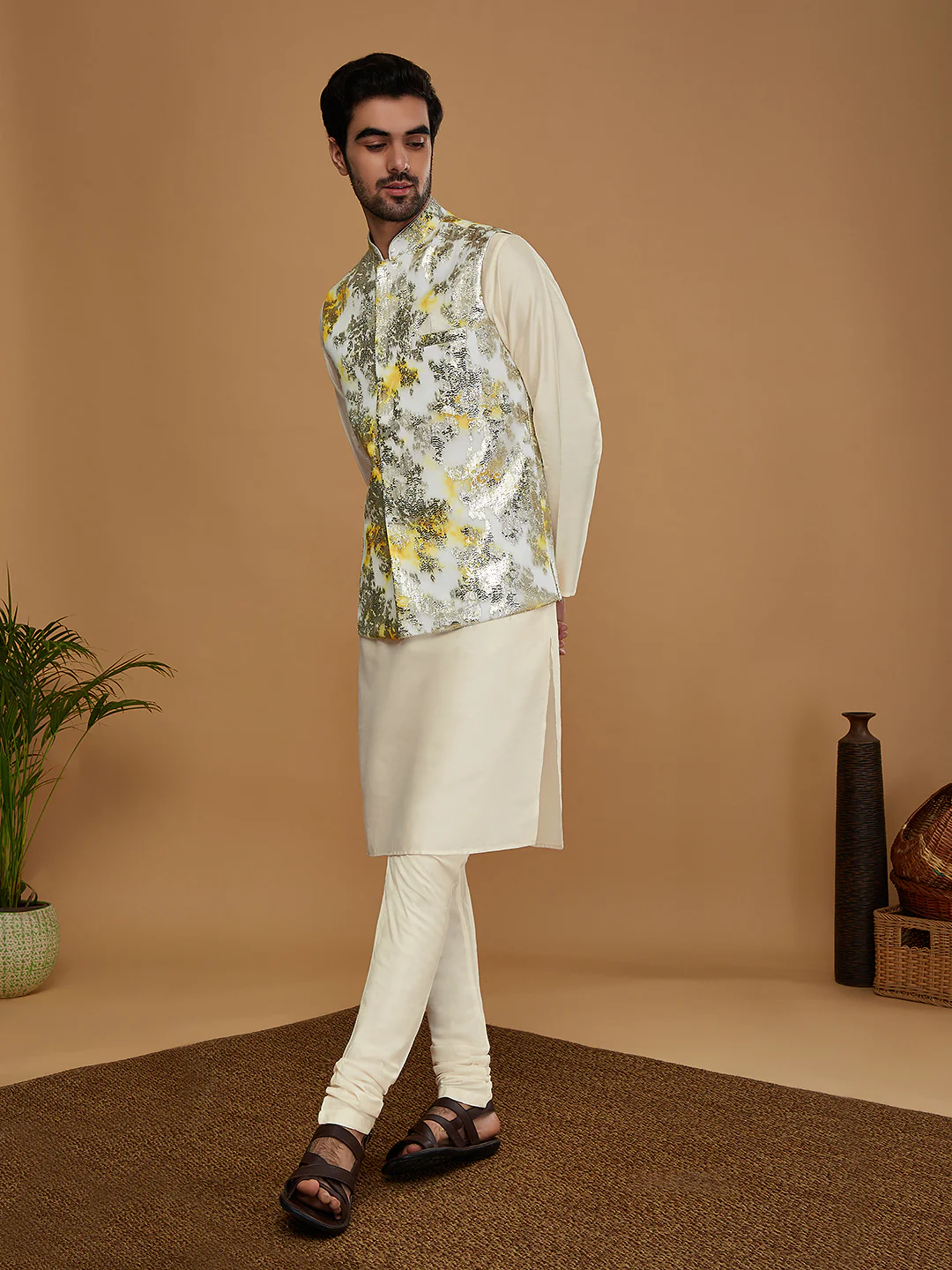 Men Off White Kurta Jacket Churidar Set - Image 3