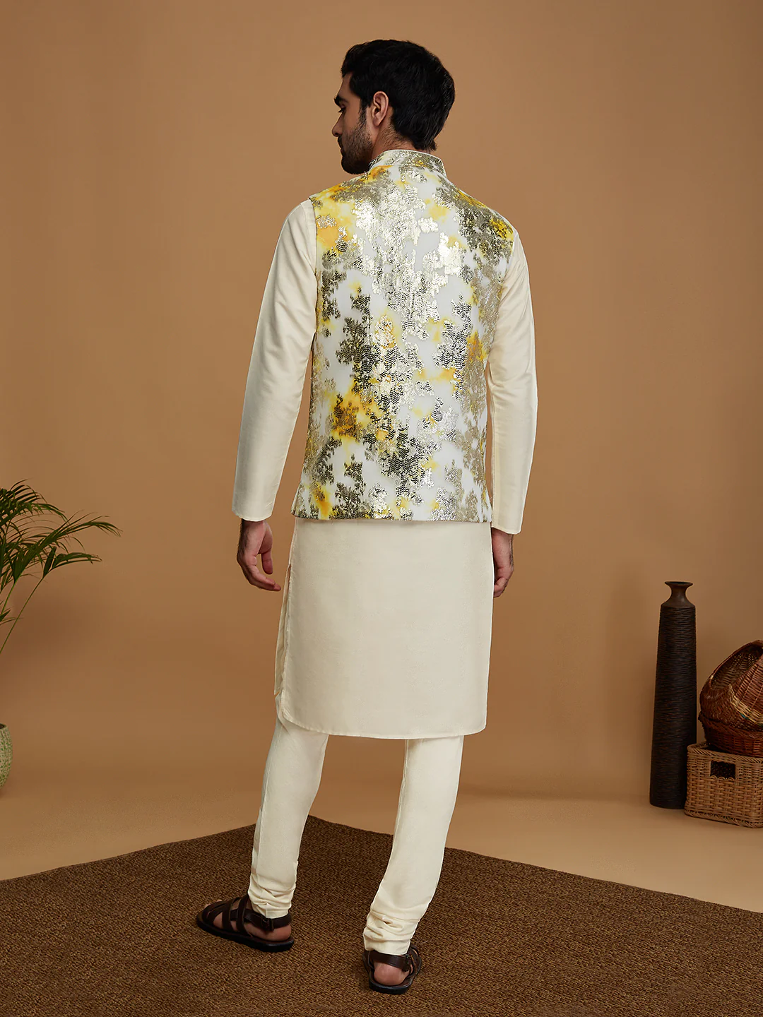 Men Off White Kurta Jacket Churidar Set - Image 4