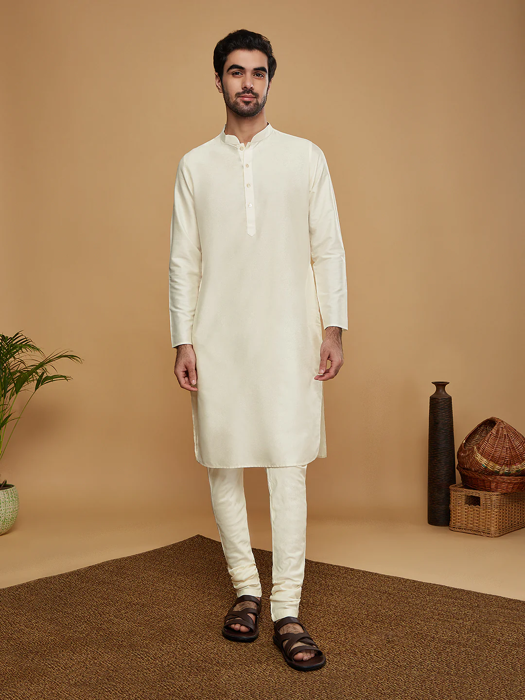 Men Off White Kurta Jacket Churidar Set - Image 6