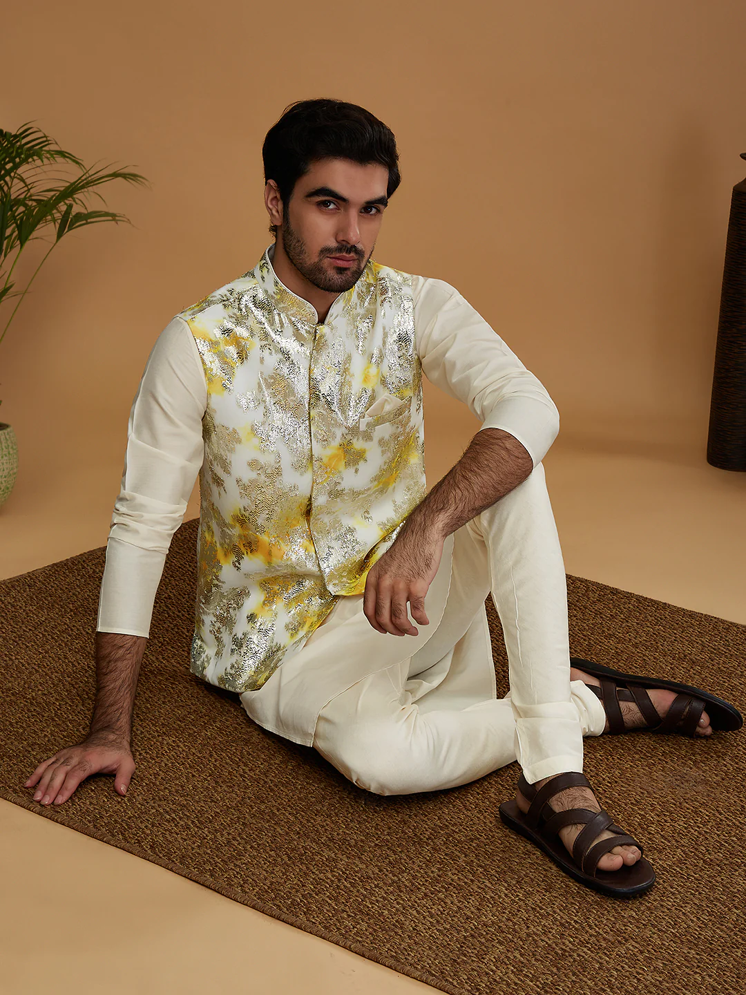 Men Off White Kurta Jacket Churidar Set - Image 8