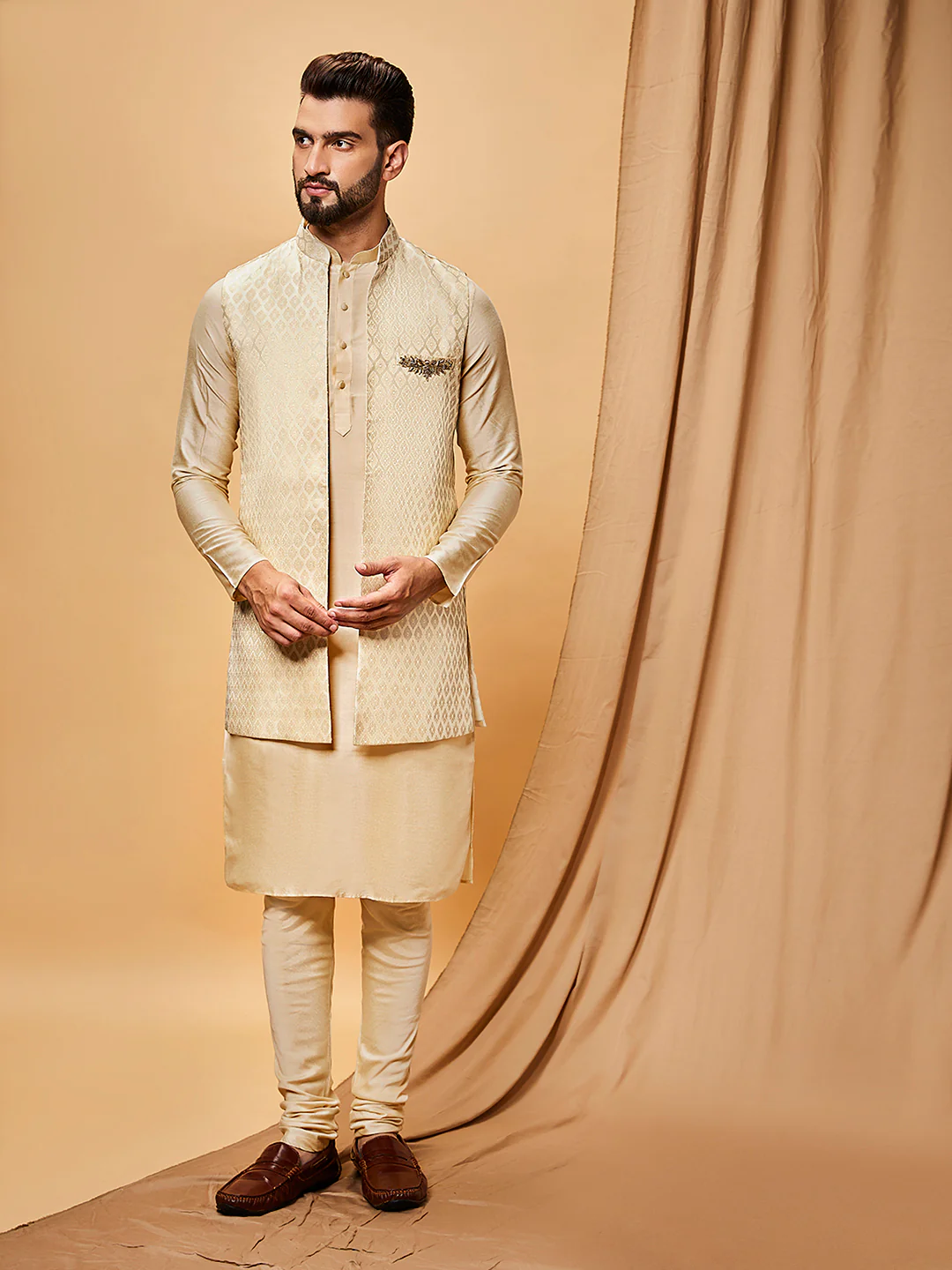 Beige Silk Blend Jacquard Jacket Set with Kurta & Churidar - Image 2